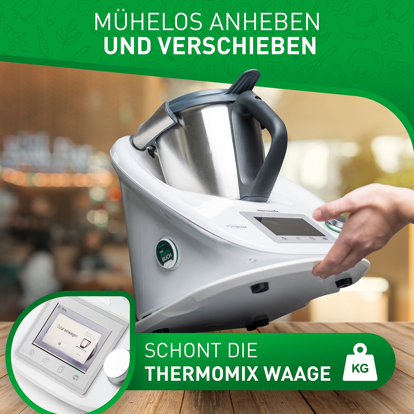 Gleitbrett für Thermomix zum mühelosen Anheben und Verschieben, schützt Waage, robustes Mineral-Acrylstein, ergonomisch und standfest.