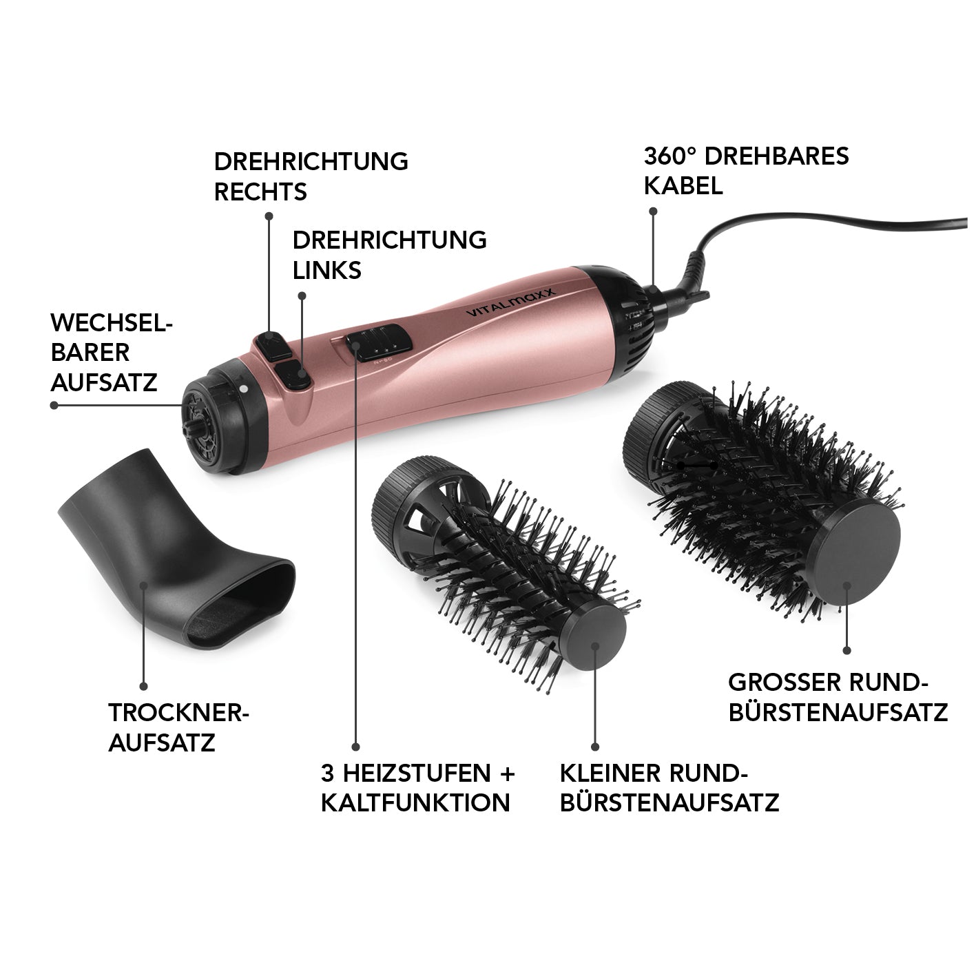 Stylingbürste - 3 Aufsätze - anthrazit/rosegold mit 3 Heizstufen, Kaltluftfunktion, 2 Rundbürsten und Trockner-Aufsatz.