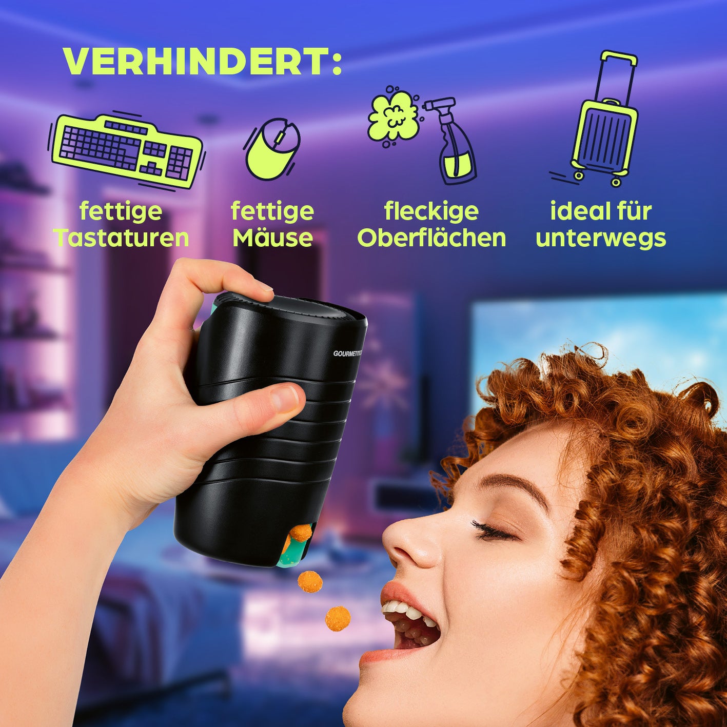 Snackspender - 2er-Set verhindert klebrige Finger und sorgt für sauberen Snackgenuss beim Gaming, Home-Office und unterwegs.