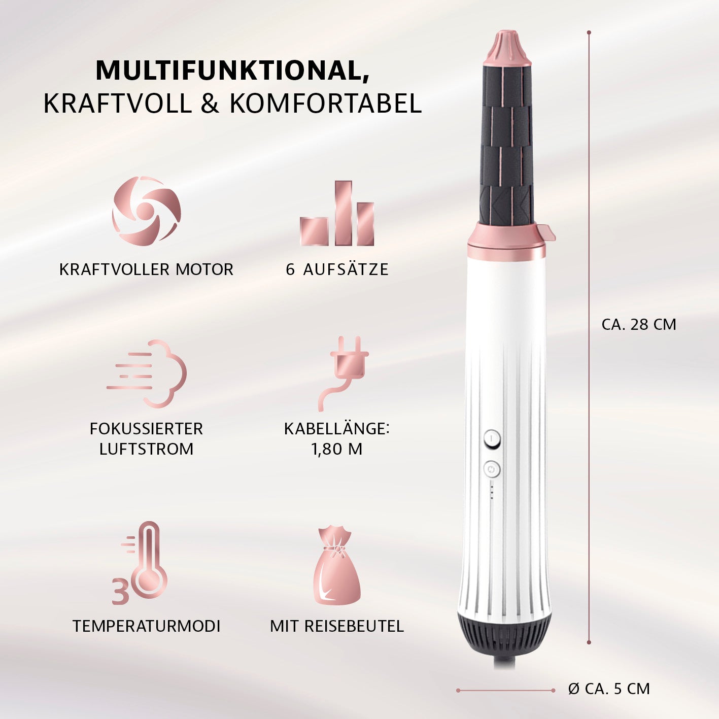 my BEAUTY STYLER - trocknen, stylen, Locken kreieren mit 6 Aufsätzen, 3 Temperaturmodi und kraftvollem Motor, ca. 28 cm lang, inkl. Reisebeutel.