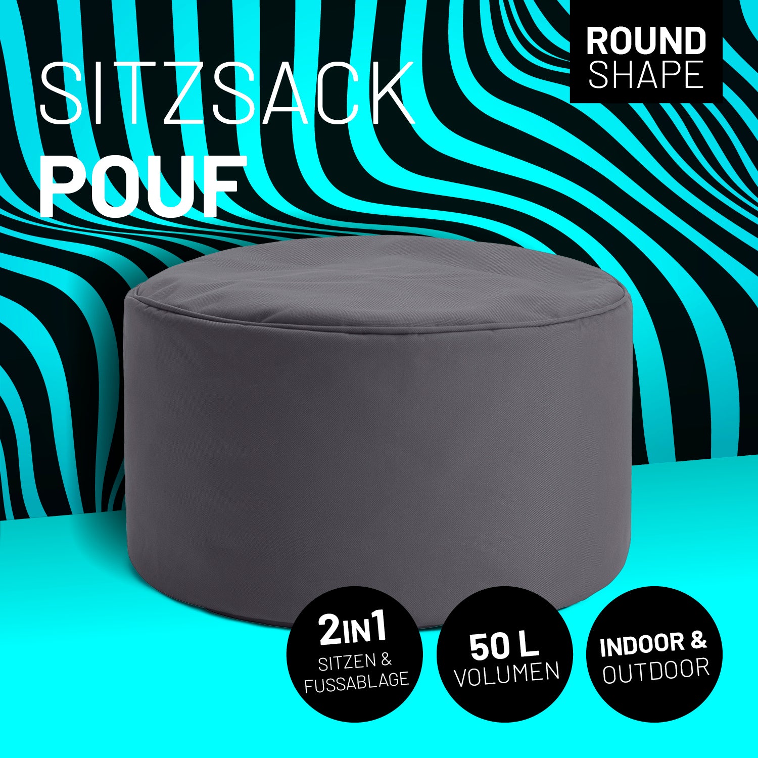 Sitzsack-Hocker/Pouf (50 L) Anthrazit, rund, multifunktional als Sitzhocker und Fußschemel für indoor & outdoor, langlebig und leicht.