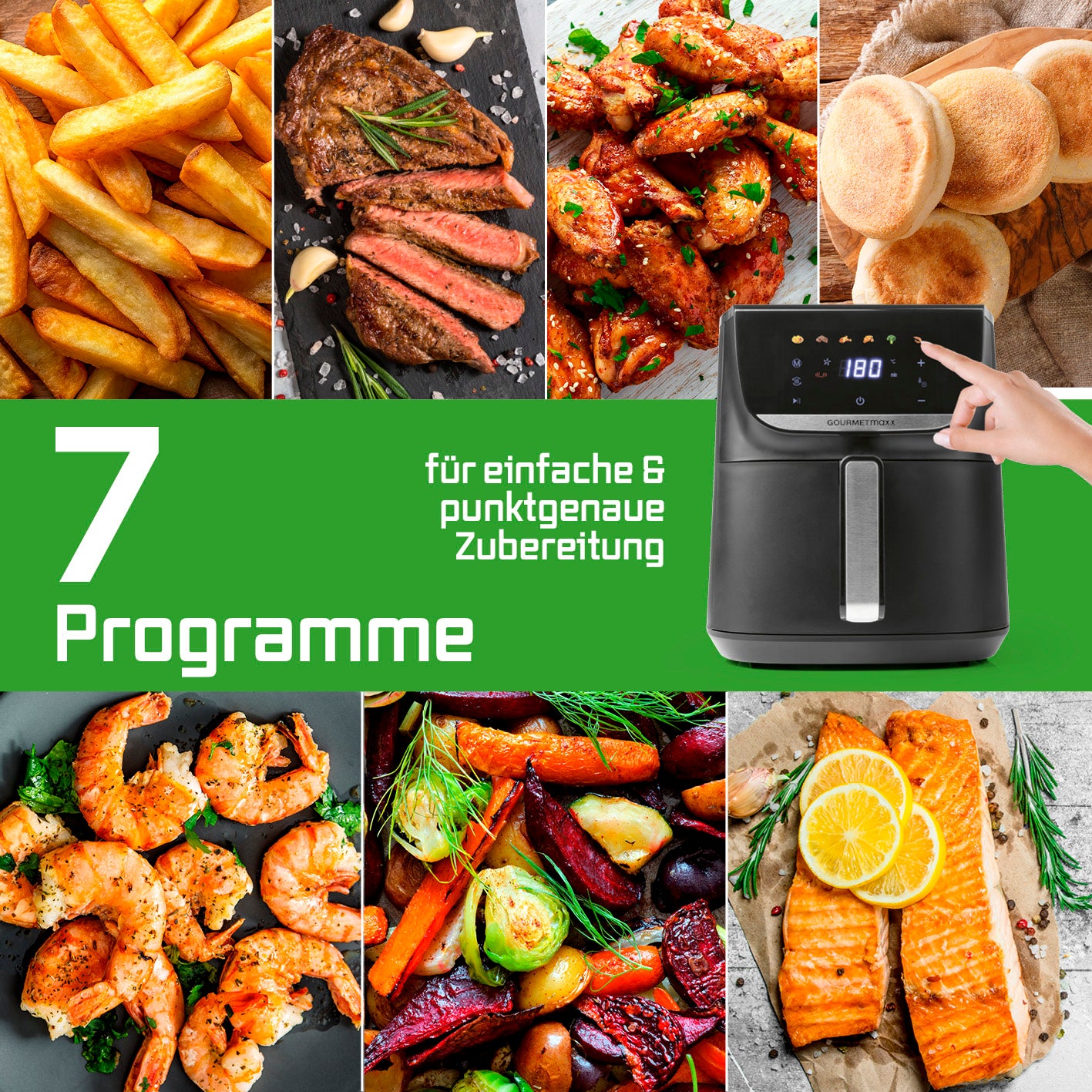 Heißluftfritteuse - 5,5 Liter mit 7 Programmen, LED-Touchdisplay und fettarmer Heißluftzirkulation für vielseitige Gerichte.