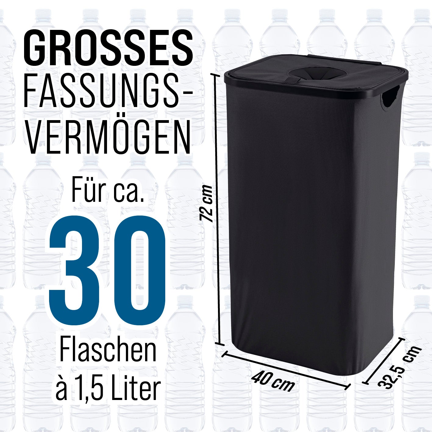 Pfandflaschen-Sammelbehälter - Schwarz, wasserabweisend, 100 Liter, fasst ca. 30 Flaschen à 1,5 Liter, kompakt und faltbar.