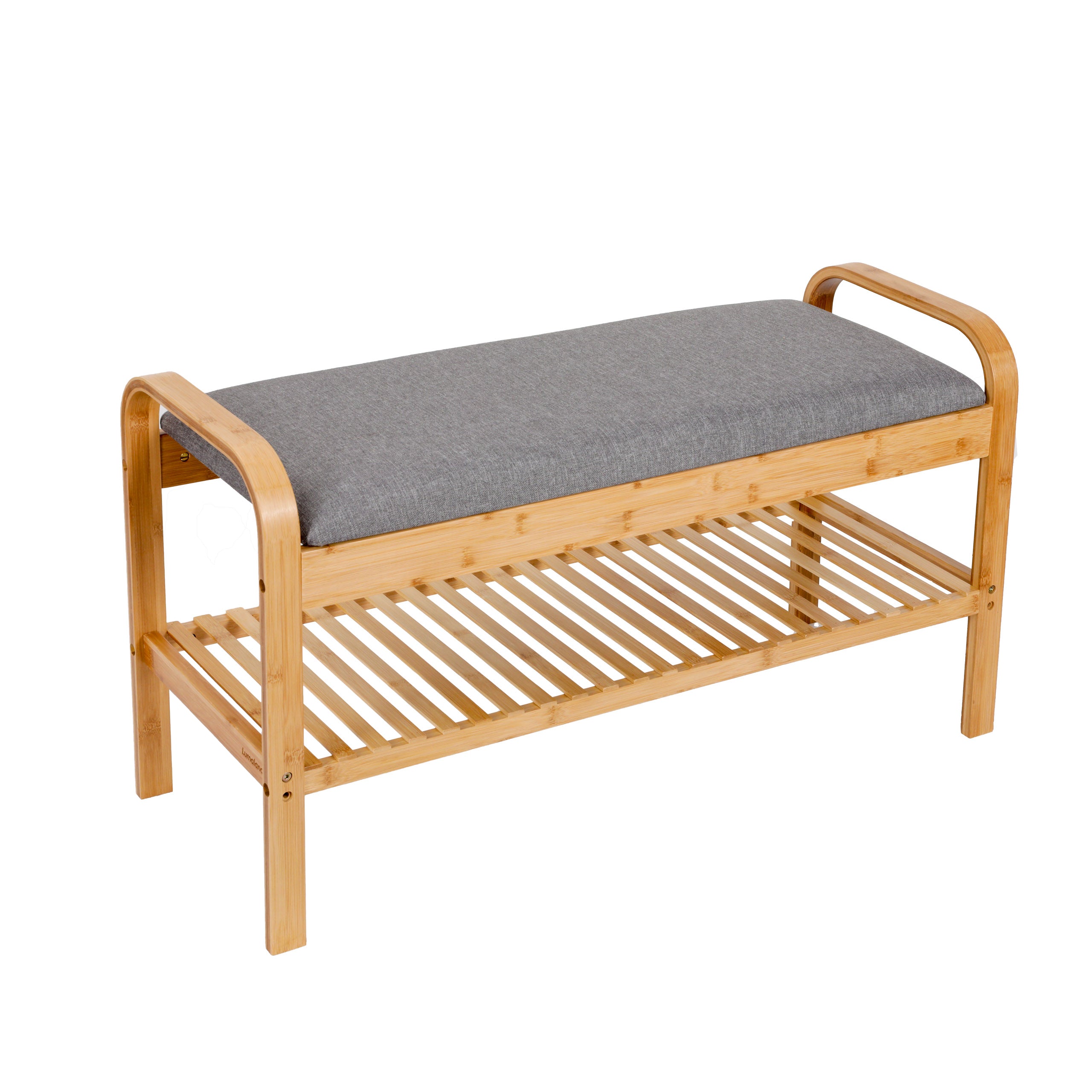 Schuhregal aus Bambus mit Sitzbank - 90 x 50 x 30 cm - Grau, modernes Schuhregal mit stabilem Bambusrahmen und grauem Sitzkissen.