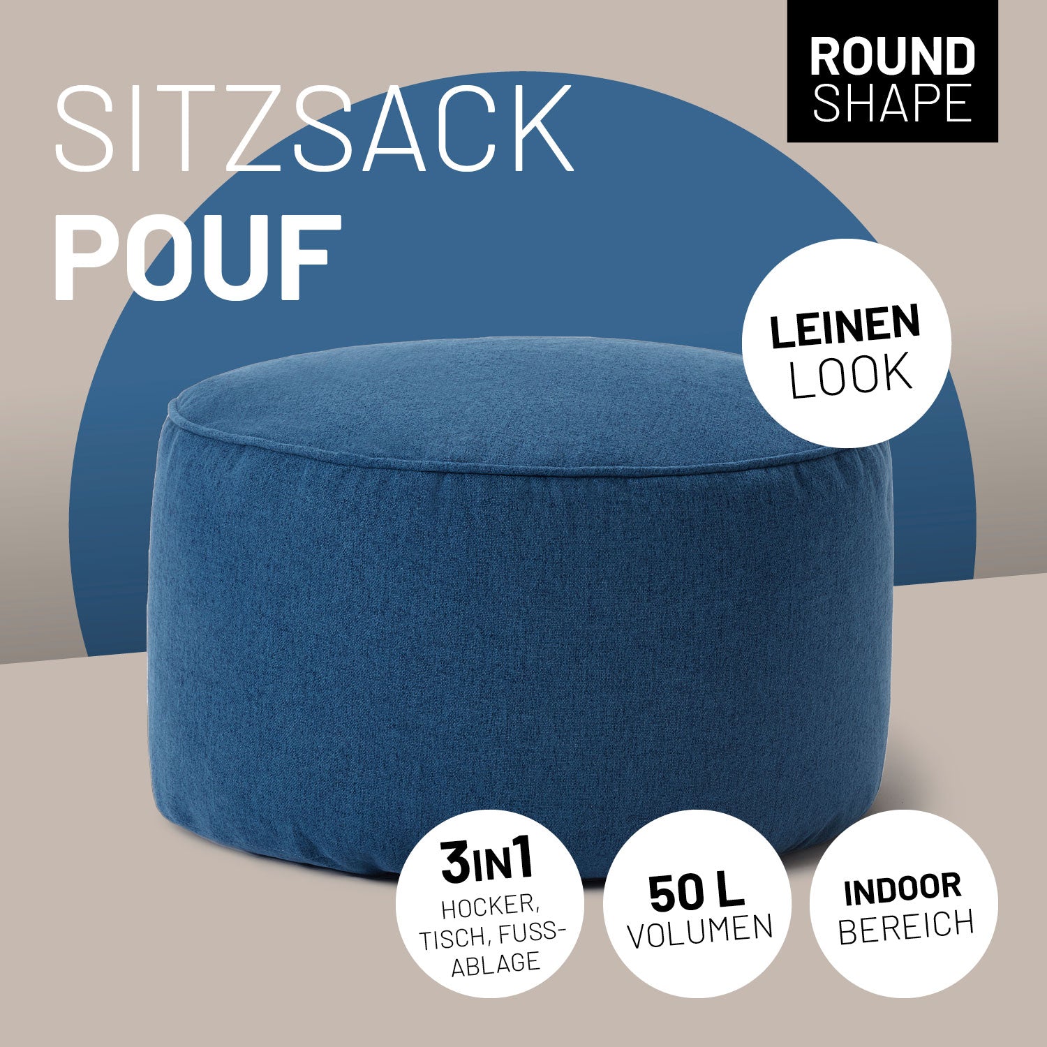 Comfort Line Sitzsack-Hocker/Pouf (50 L) Dunkelblau, Indoor, 3in1 Sitzkissen als Hocker, Fußablage und Tisch.