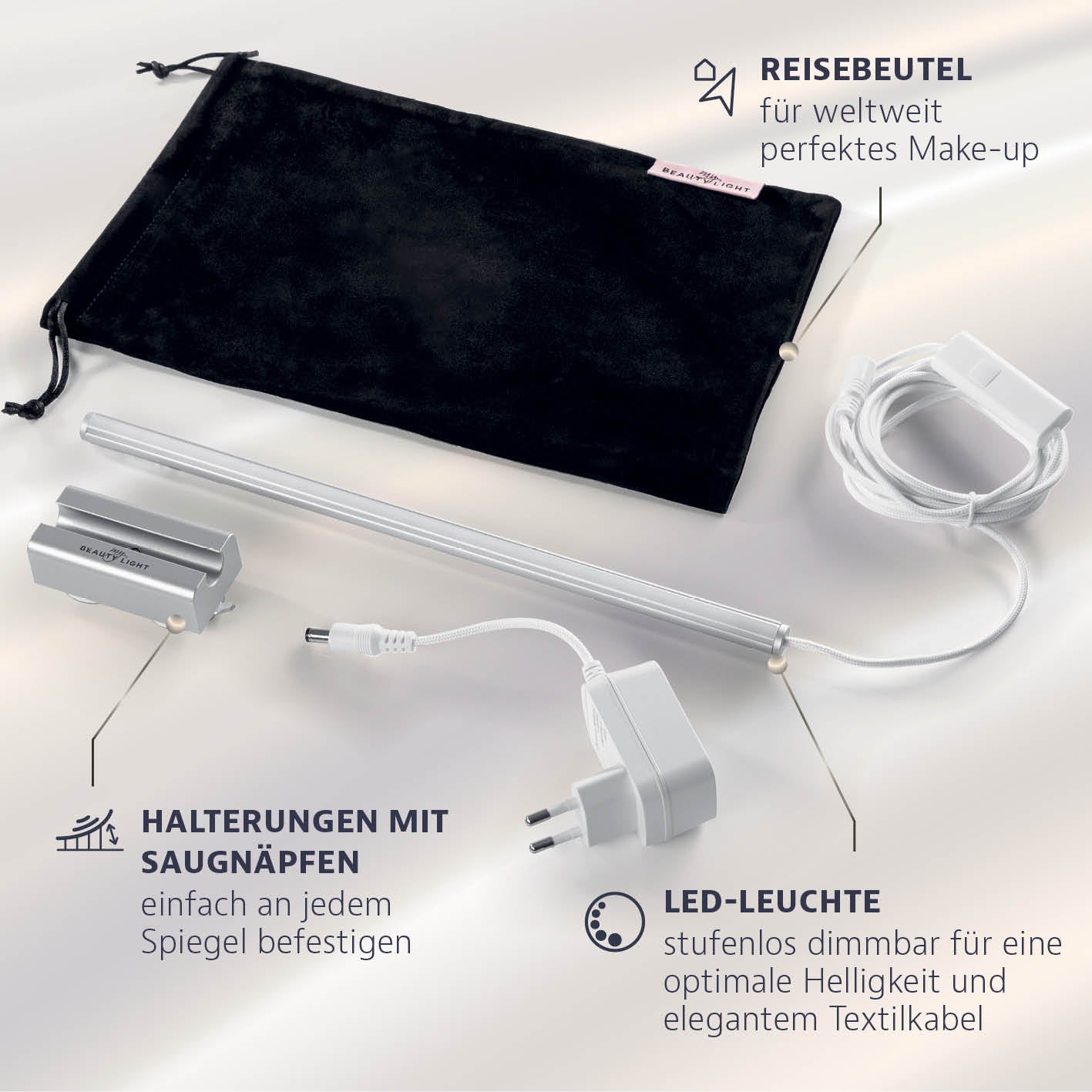 LED-Spiegelleuchte 5-in-1 Glamour Edition mit Textilkabel, Saugnäpfen und stufenlos dimmbarer LED-Beleuchtung für perfekte Make-up-Lichtverhältnisse.