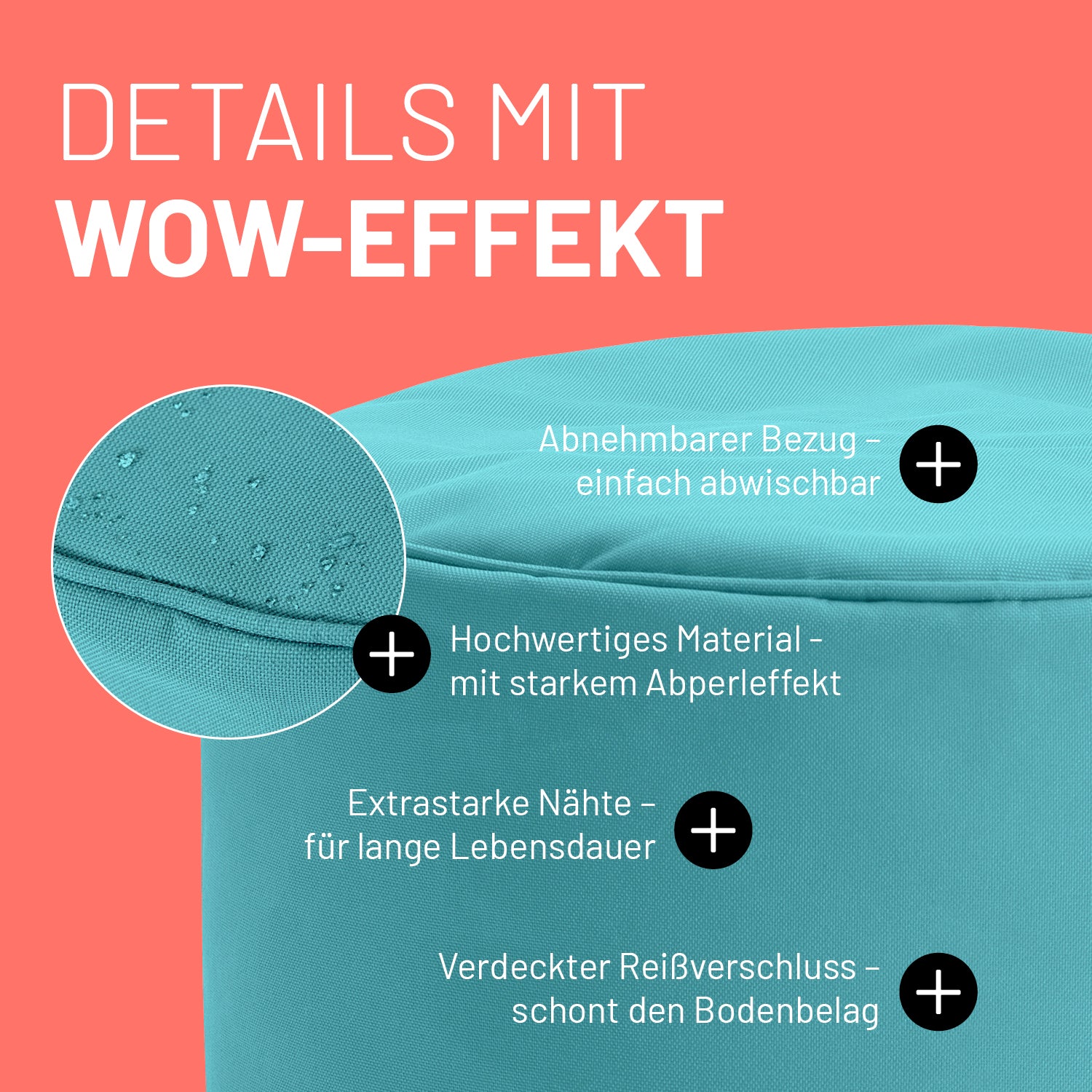 Sitzsack-Hocker/Pouf (50 L) Aquamarin mit abnehmbarem Bezug, starkem Abperleffekt, extrastarken Nähten und verdecktem Reißverschluss.