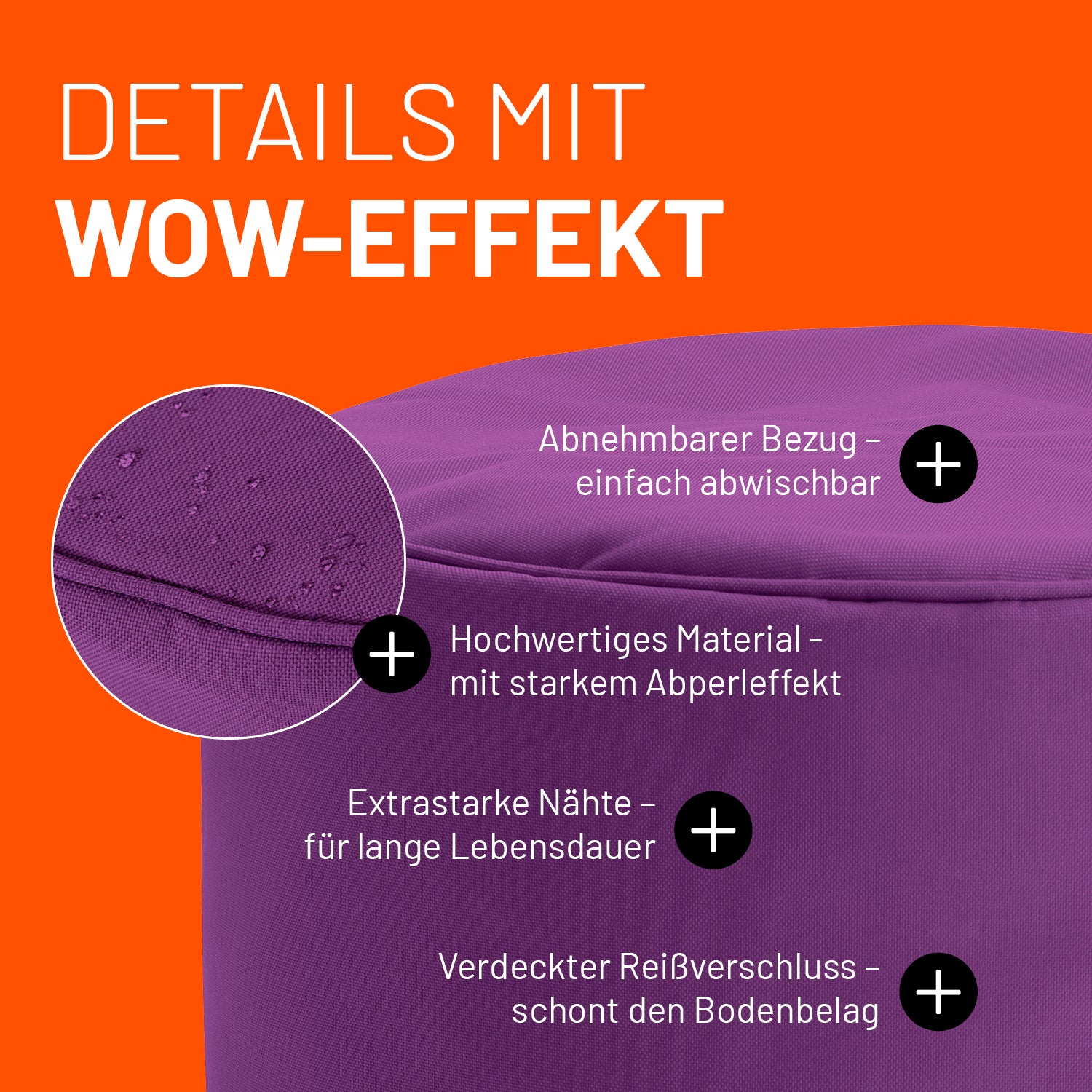 Sitzsack-Hocker/Pouf (50 L) in Lila, abnehmbarer Bezug, wasserabweisend, extrastarke Nähte, verdeckter Reißverschluss für innen und außen.