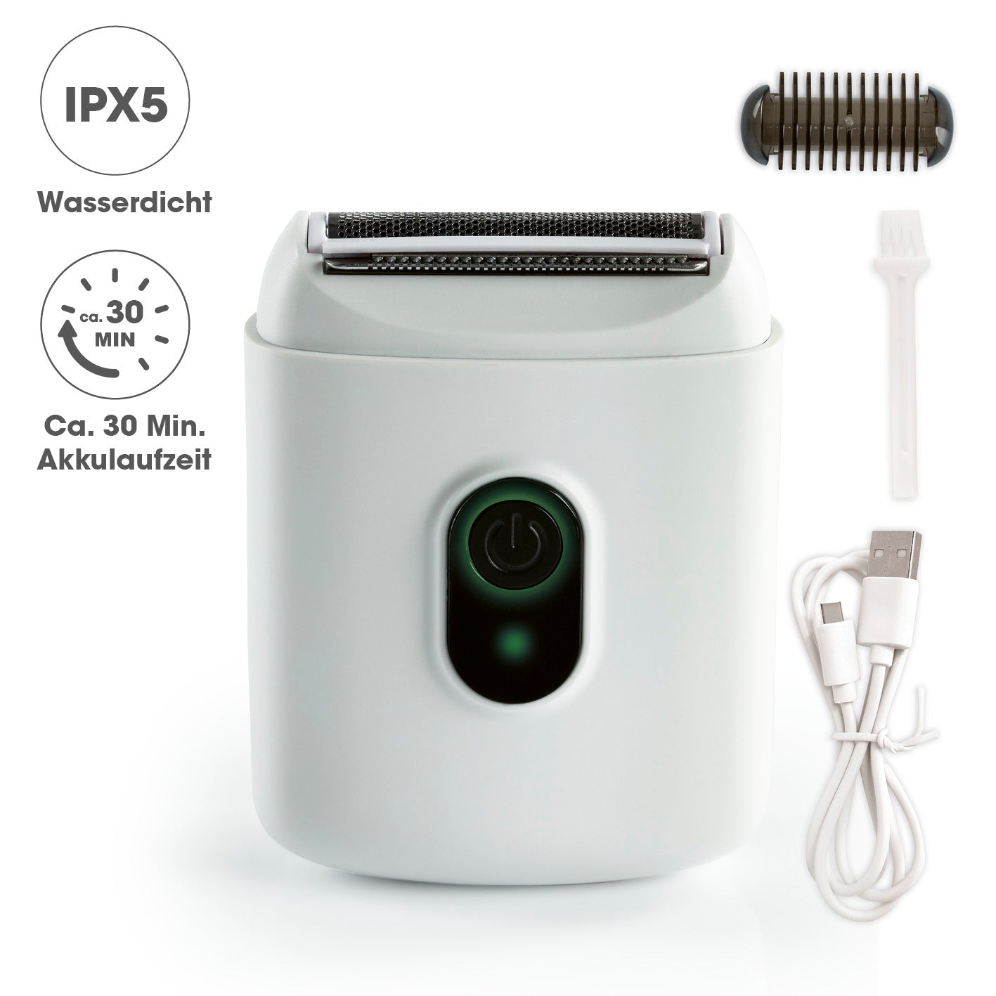 Damenrasierer - weiß/schwarz, wasserdicht, kabellos mit USB-Ladekabel, Reinigungsbürste, 30 Min Akkulaufzeit, ideal für Reisen und Dusche.