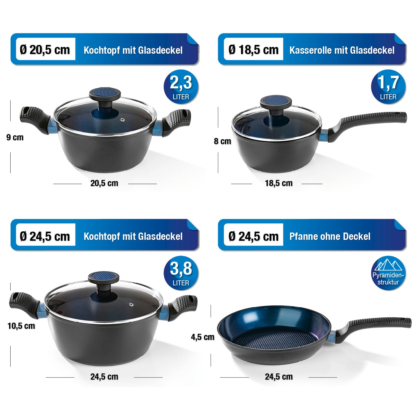 Koch- und Bratset von BRATmaxx mit 3 Alu-Töpfen und 1 Pfanne, Glasdeckeln und Antihaftbeschichtung für fettarmes Braten.