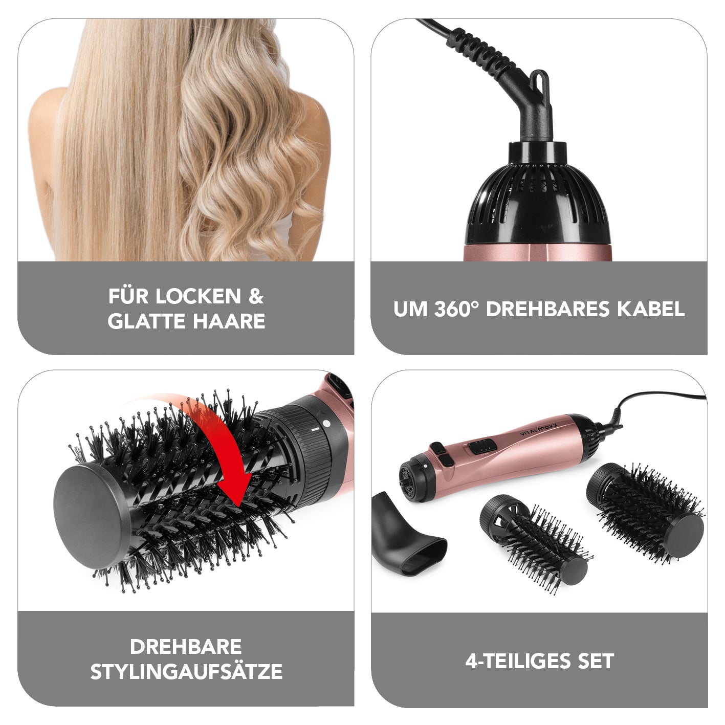 Stylingbürste - 3 Aufsätze - anthrazit/rosegold mit 2 drehbaren Bürsten, Trockner-Aufsatz und 360° drehbarem Kabel für alle Haartypen.