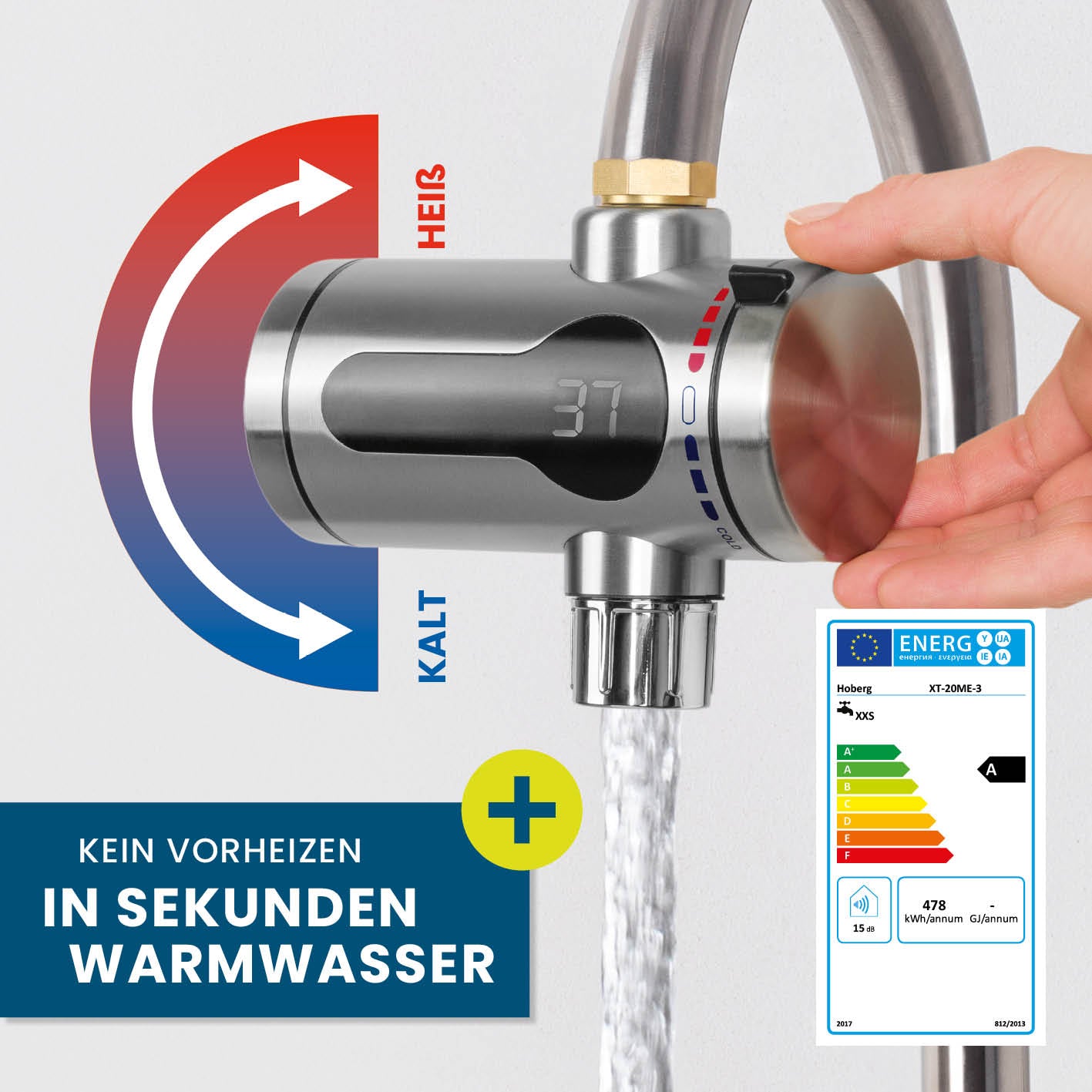 Universal-Durchlauferhitzer aus Edelstahl mit LED-Digitalanzeige für sofort warmes Wasser ohne Vorheizen im Außenbereich.