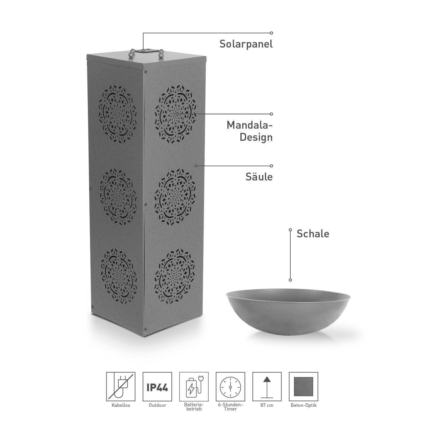 LED-Dekosäule Beton-Optik "Mandala" - 87 cm