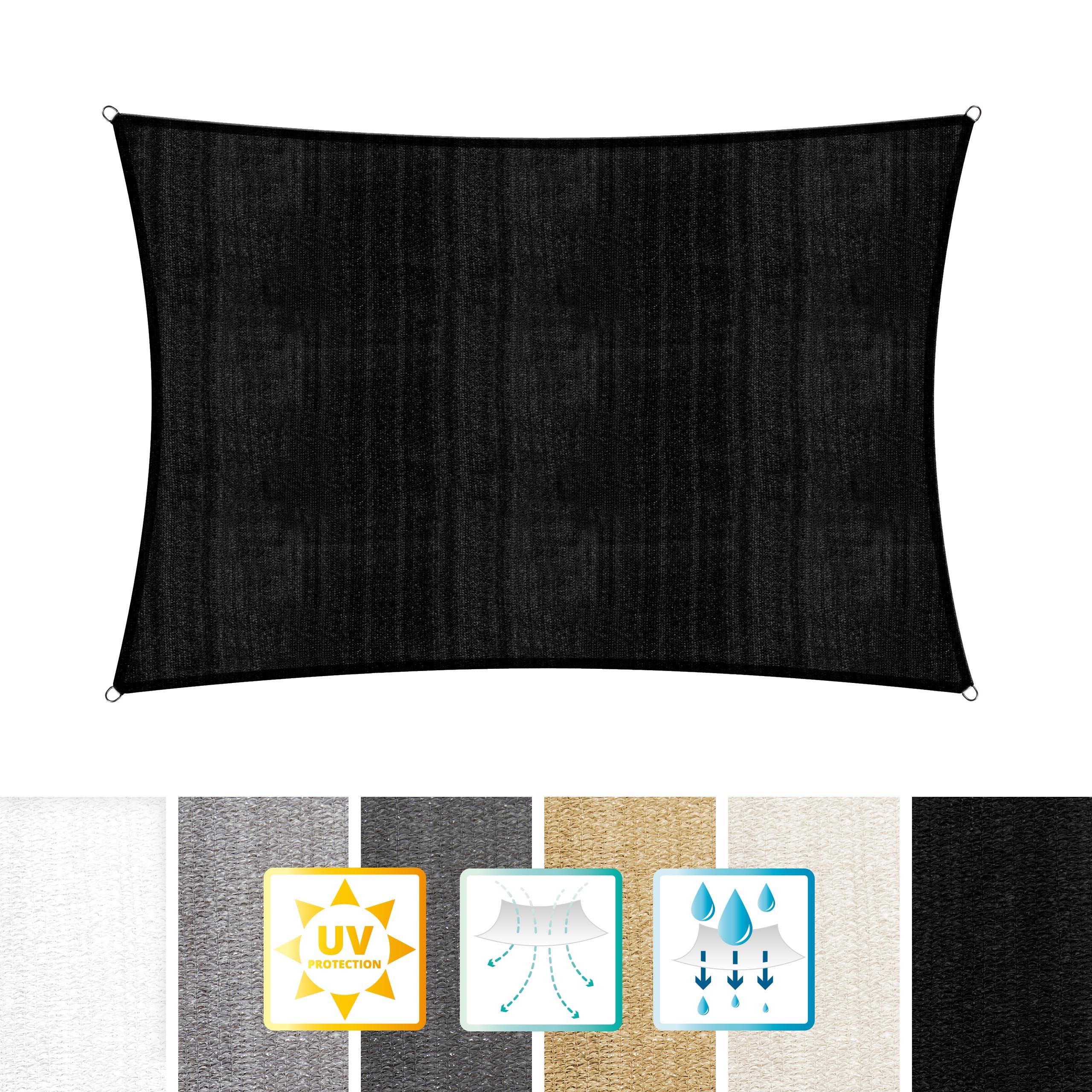 Sonnensegel 100% HDPE mit Stabilisator für UV-Schutz - Rechteck 5 x 6 Meter - Schwarz, robust und reißfest mit UV-Schutz.