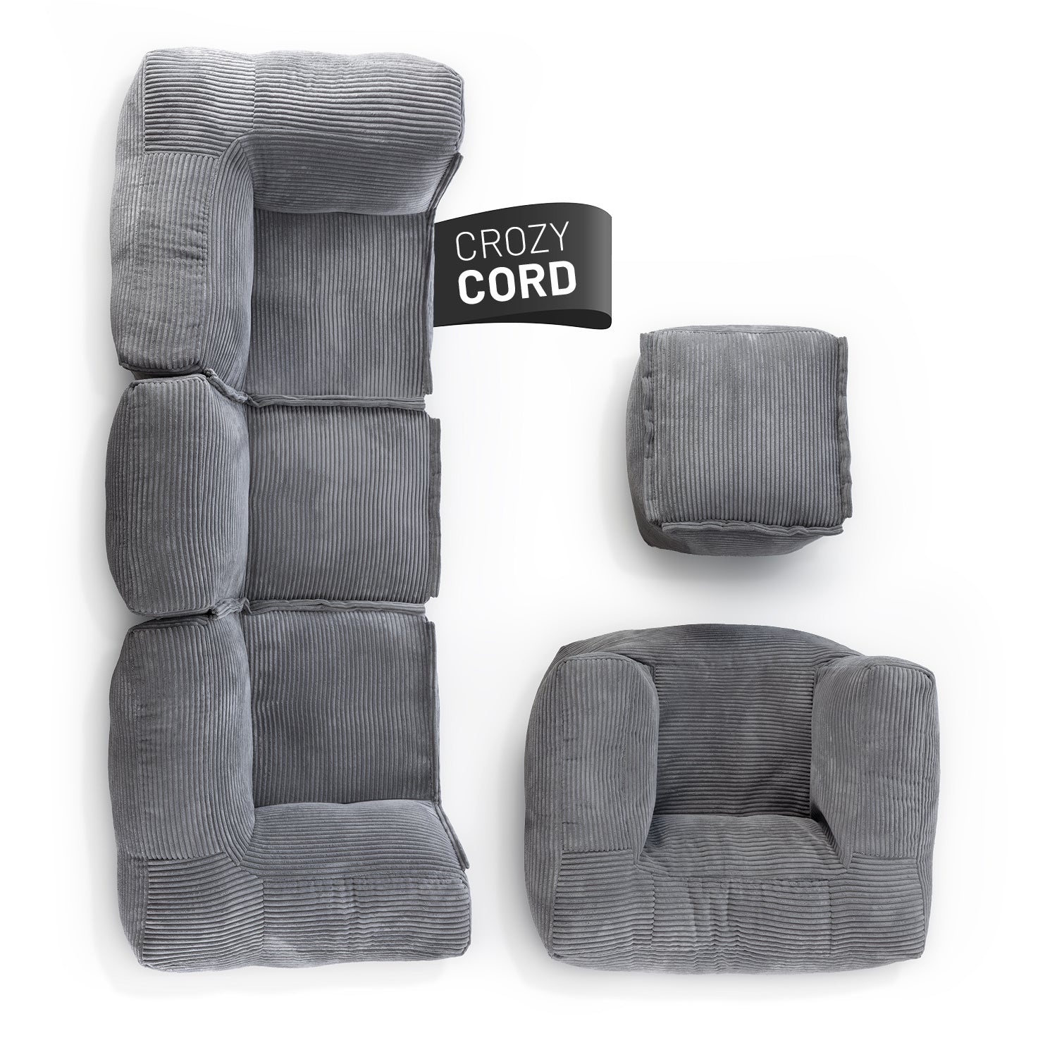 Modulares Basic Set (5-tlg.) aus der Cord-Reihe - Grau, kuschelig, trendig, waschbarer Bezug und robust für modernes Wohnen.
