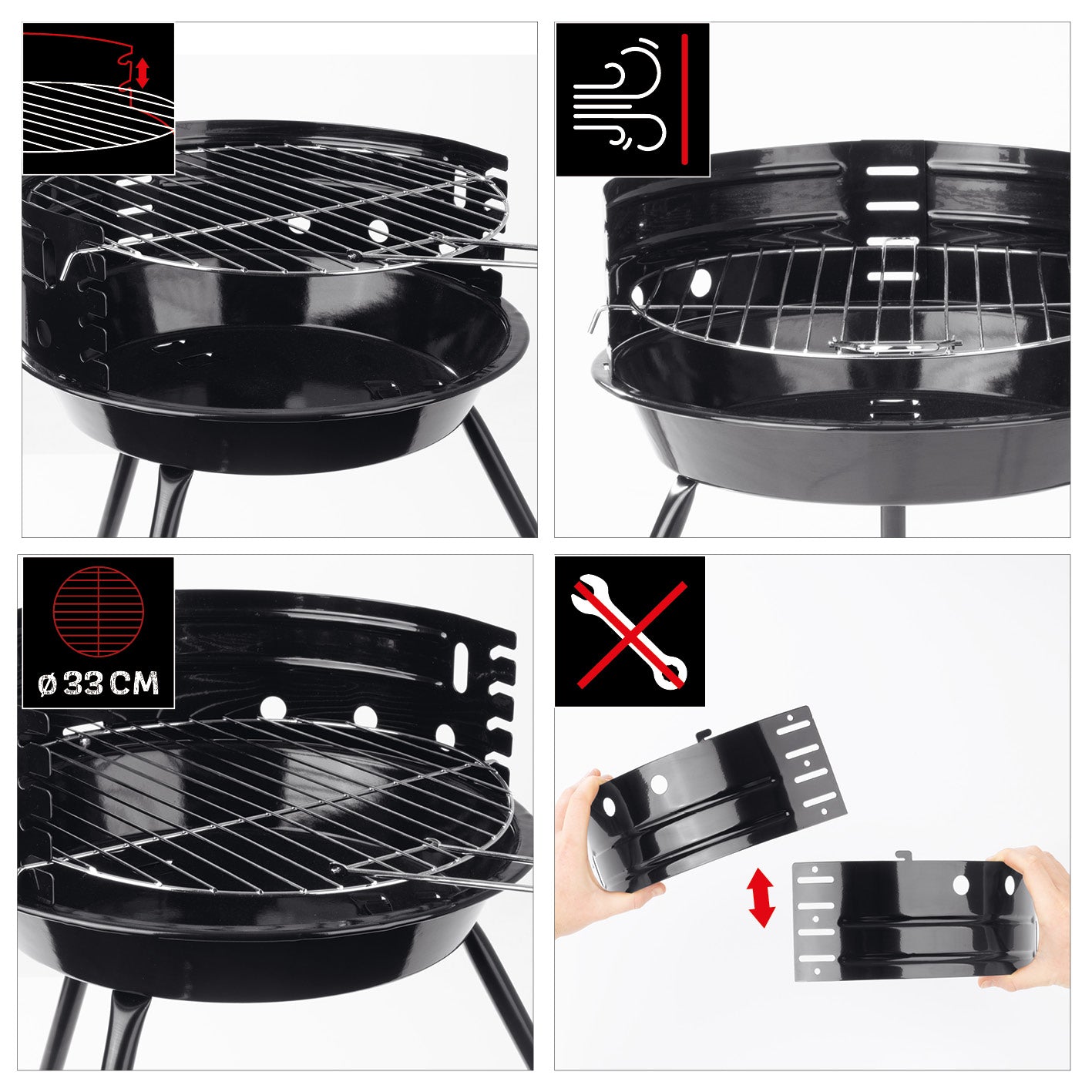 Rundgrill - 30 cm kleiner Holzkohlegrill mit höhenverstellbarem Rost, emaillierter Feuerschüssel und schraubenlosem Stecksystem.