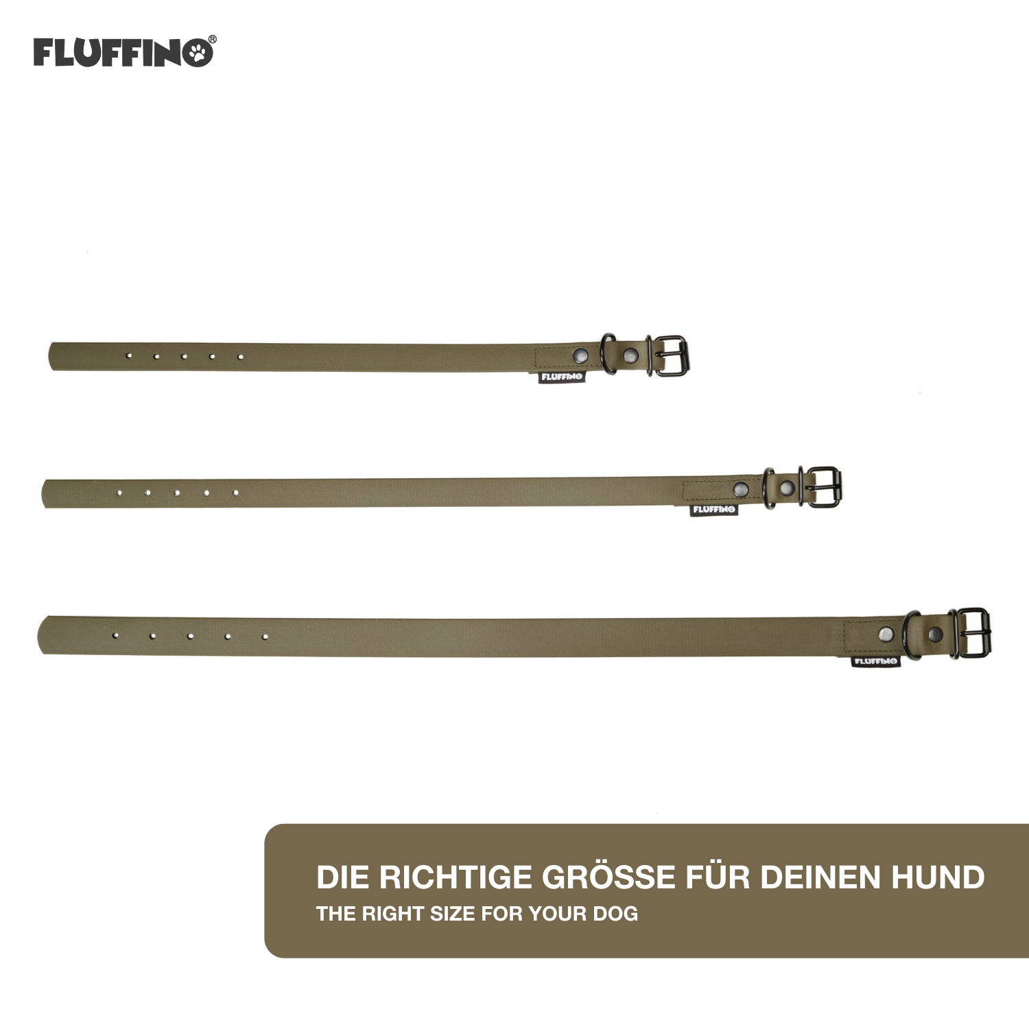 Hundehalsband aus BioThane - 5-Fach verstellbare - Größe M - Oliv, vegan, wasserfest, reißfest und made in Germany von FLUFFINO.