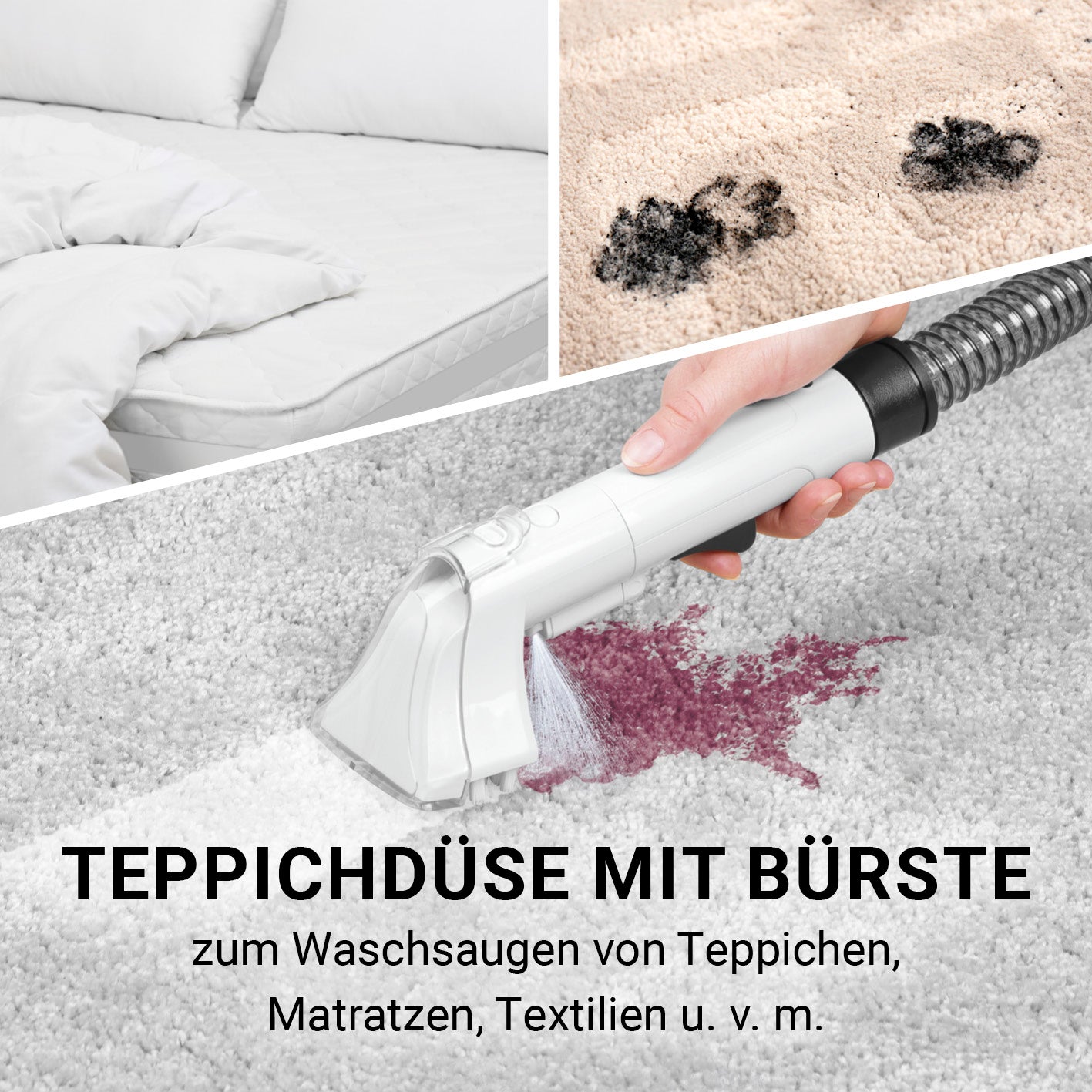 Waschsauger Portable Clean mit Teppichdüse und Bürste entfernt Flecken effektiv von Teppichen, Matratzen und Textilien.