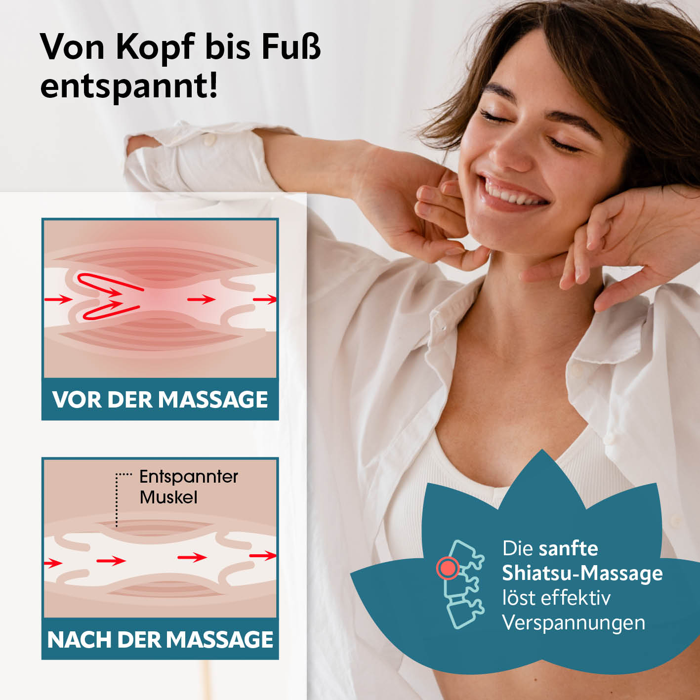 Frau entspannt sich dank Shiatsu-Massagegerät mit sanfter Massage, die Muskelverspannungen effektiv löst und für Wohlbefinden sorgt.