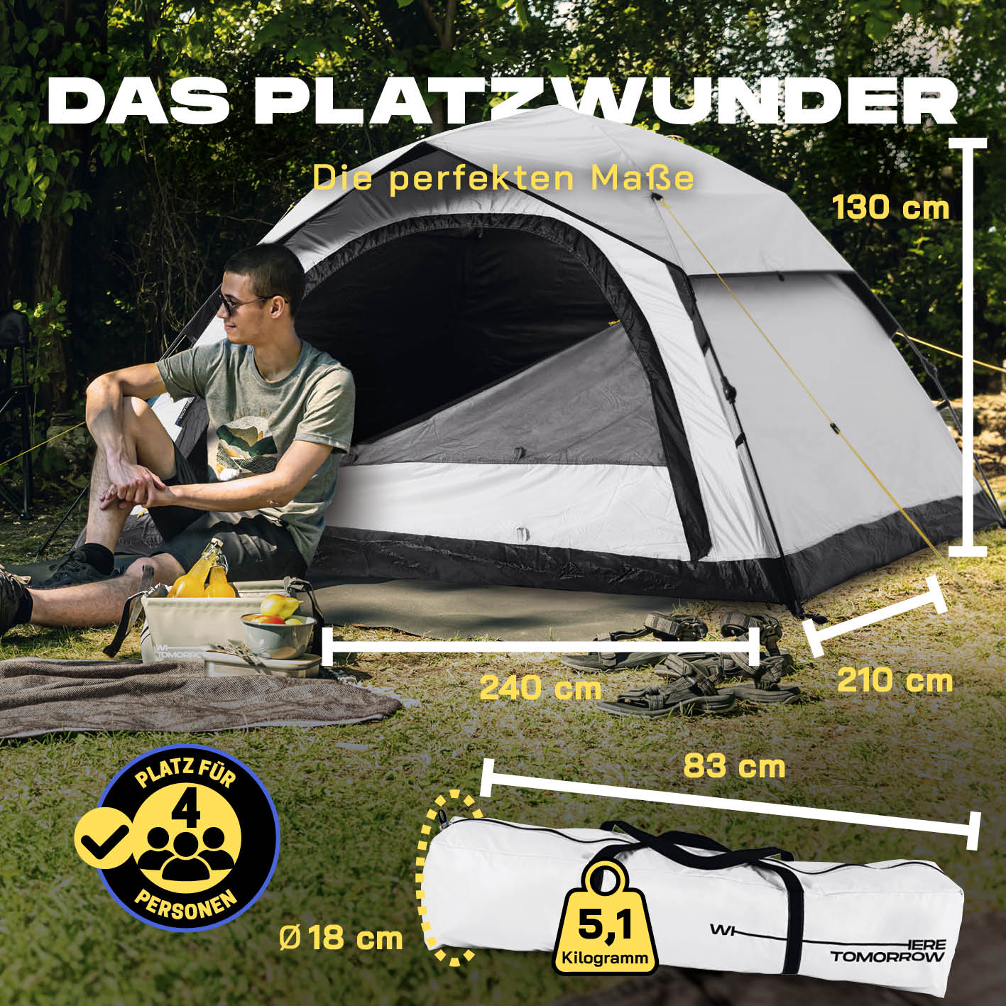 Pop-up-Wurfzelt für 4 Personen mit Kühleffekt - weiß/schwarz