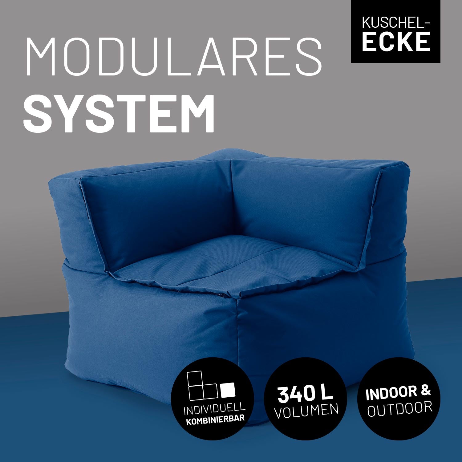 Sitzsack-Sofa Ecke (340 L) in Navyblau, modulares System, indoor & outdoor, extrastark mit Mix-&-Fix-Reißverschluss.