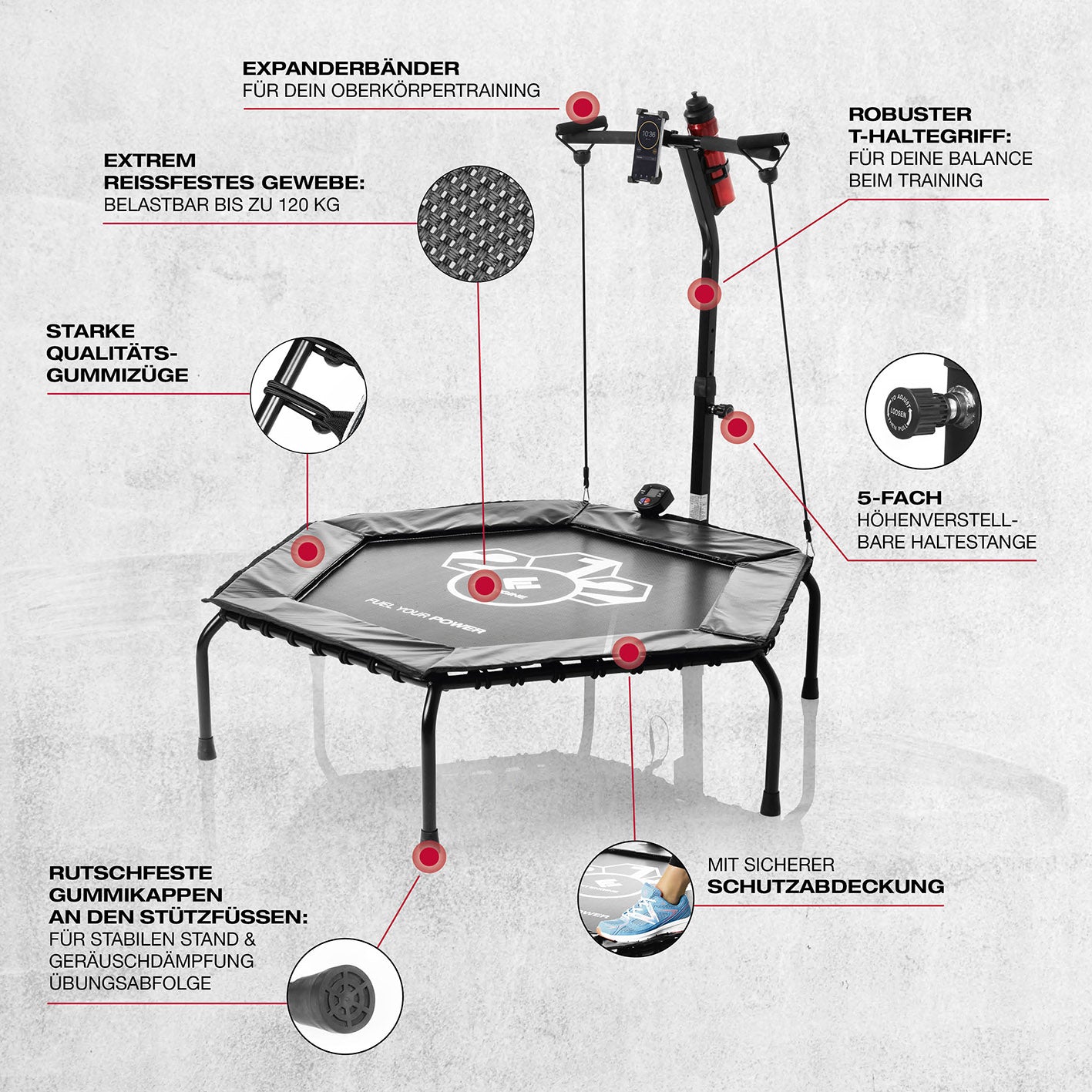 Fitness-Trampolin Smart - 5-fach höhenverstellbarer Haltegriff