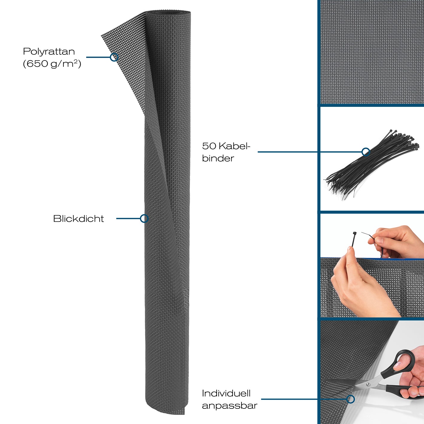Polyrattan Sicht- und Windschutz in Anthrazit, flexibel, blickdicht, wasserabweisend, mit 50 Kabelbindern und individuell anpassbar.