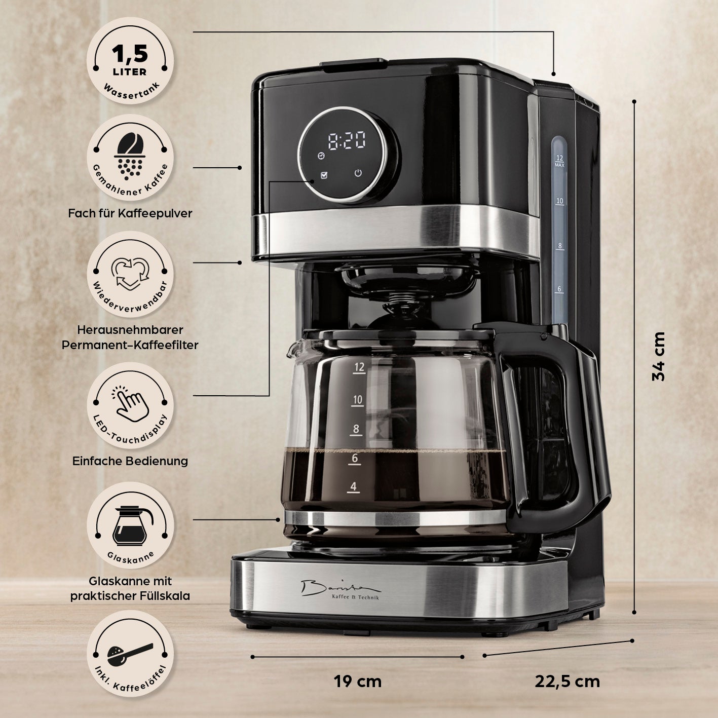 Filterkaffeemaschine Touch mit digitalem LED-Touchdisplay, 1,5 l Tank, Timerfunktion und abschaltbare Aromastärkestufen.
