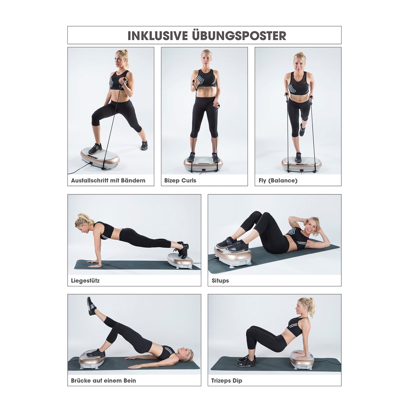 Vibrationstrainer - Champagner/Grau mit Expanderbändern zeigt verschiedene Übungen wie Bizeps Curls und Situps zur Muskelstärkung.