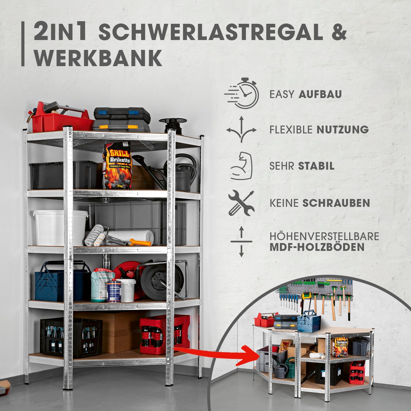 Schwerlast-Eckregal & Werkbank - 180 x 90 x 40 cm - 875 kg Traglast, 175 kg pro Ebene, stabile Metallkonstruktion mit MDF-Böden.