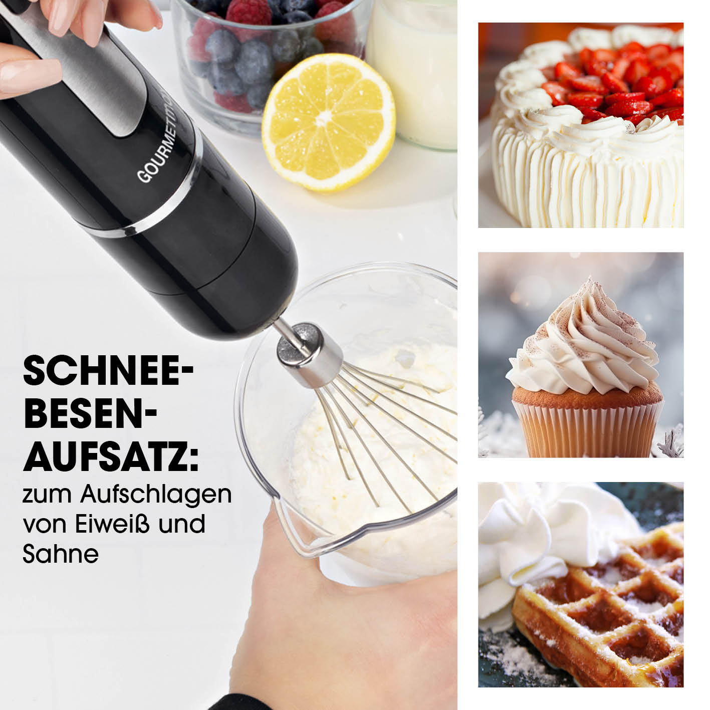 Akku-Stabmixer mit XL-Zubehör-Set mit Schneebesenaufsatz zum Aufschlagen von Eiweiß und Sahne für vielseitige Küchenanwendungen.
