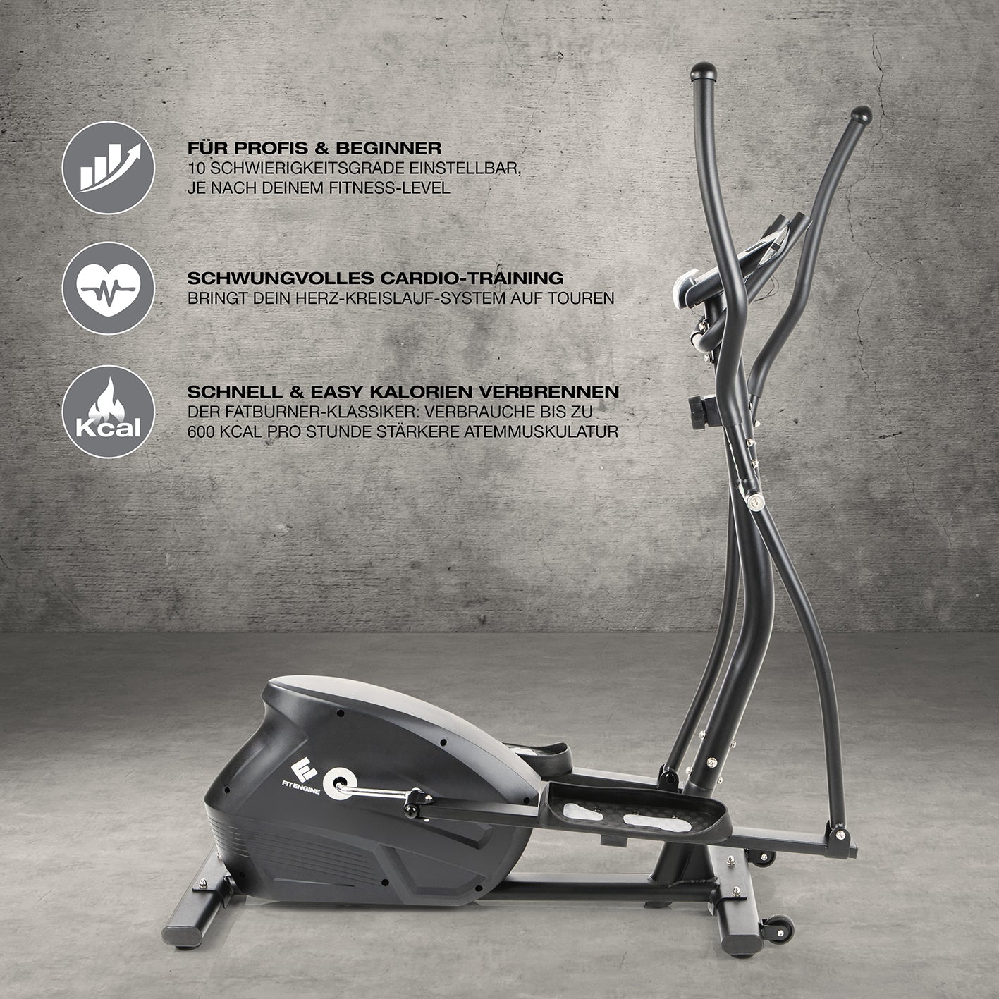 Crosstrainer - belastbar bis 150 kg mit 10 Schwierigkeitsstufen, Pulssensoren, großem Display und rutschfesten Pedalen für effektives Cardiotraining.