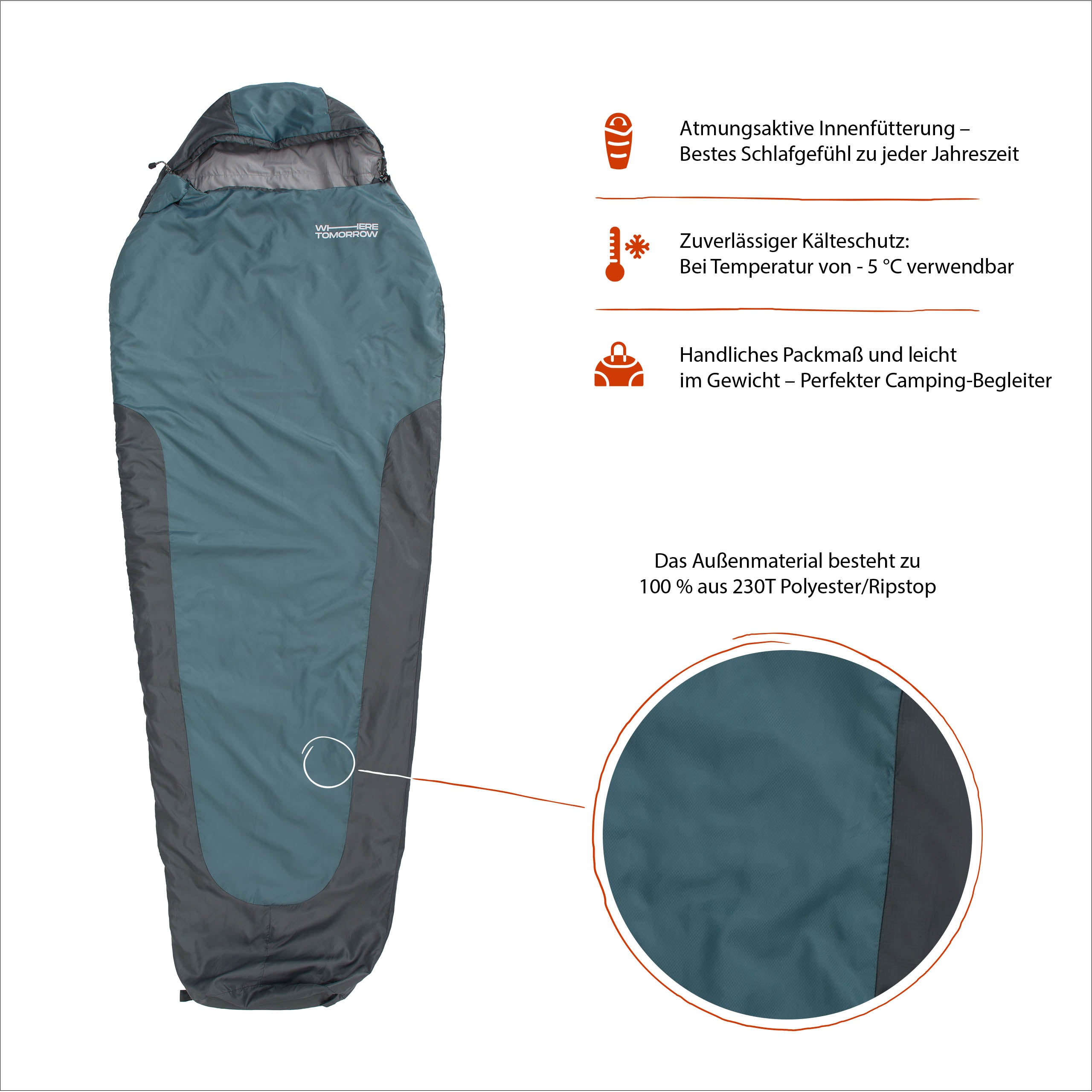 Camping Schlafsack Small & Light Mumienschlafsack mit Tasche in Goblinblau-Grau, wasserabweisend, atmungsaktiv, bis -5°C, leicht und kompakt.