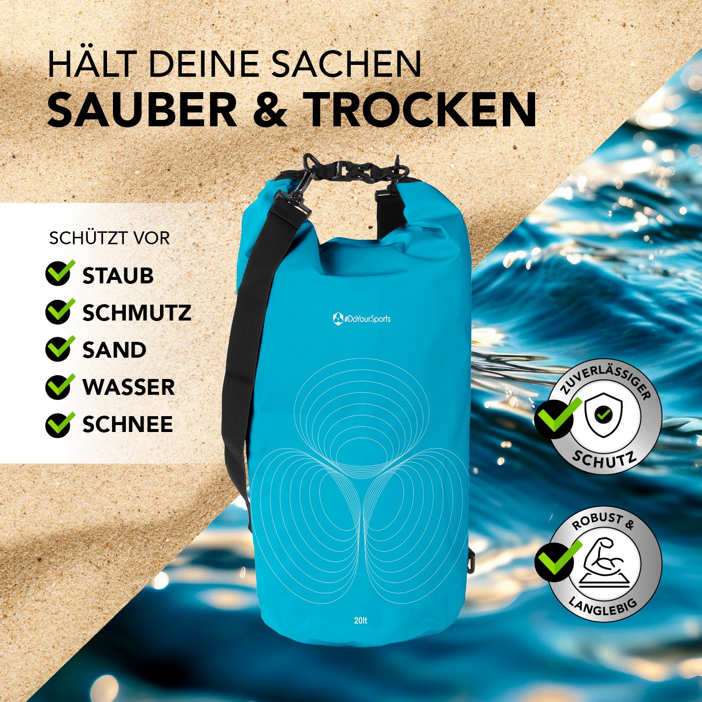 Dry Bag 20L - Himmelblau, wasserdichter Outdoor-Rucksack schützt zuverlässig vor Staub, Schmutz, Sand, Wasser und Schnee.