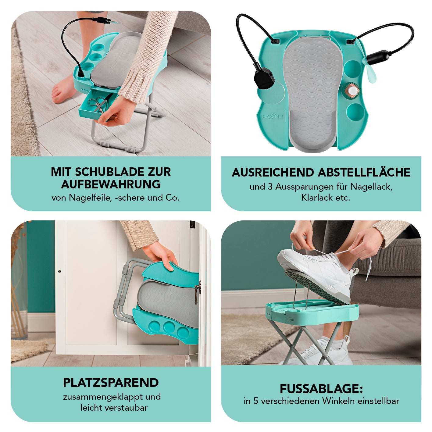 Fußstütze Pediküre Salon Step - mint/weiß mit 5-fach verstellbarer Fußablage, Schublade, LED-Lupe und Ablagefläche.