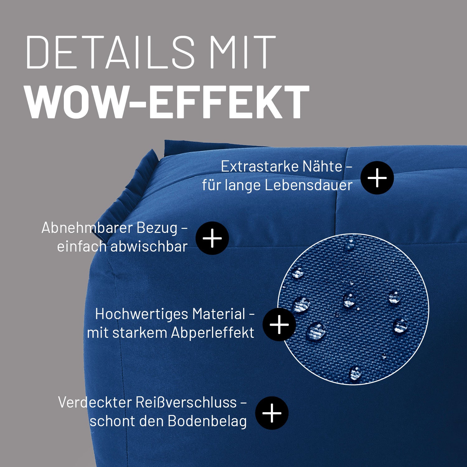 Modulares Lounge Set (2-tlg.) Navyblau mit abnehmbarem, abwischbarem Bezug, extrastarken Nähten und verdecktem Reißverschluss.