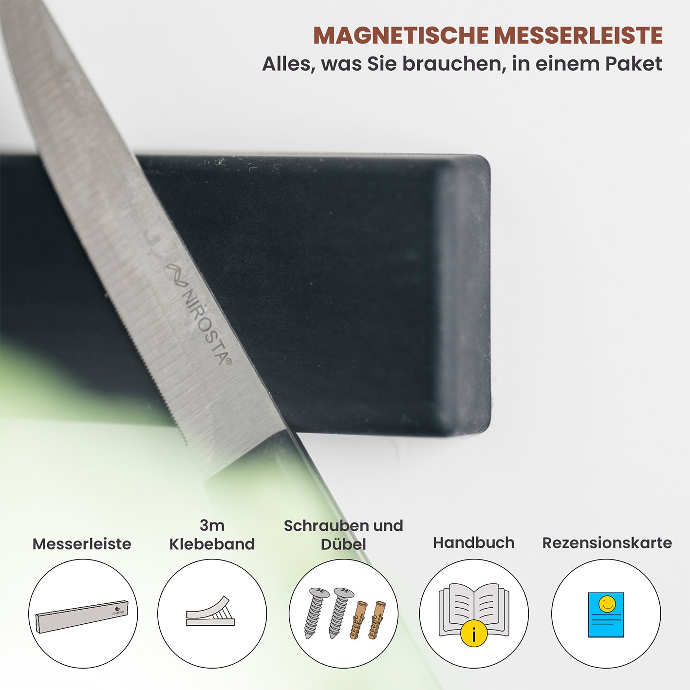 Messer-Magnetleiste - selbstklebend - 40 cm mit starkem Magnet, schwarzem Silikon und 3M-Klebeband für einfache Wandmontage.