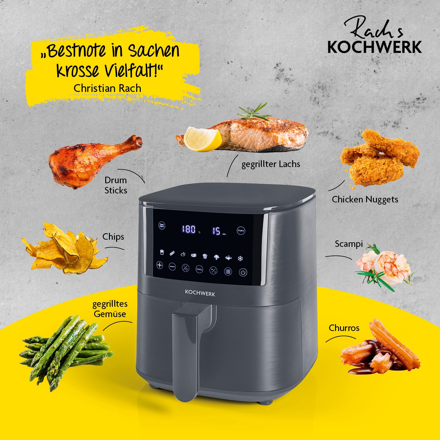 Heißluft-Fritteuse Digital 4,2l mit Erinnerungsfunktion von Kochwerk zeigt vielseitige zubereitete Speisen wie Lachs, Nuggets und Gemüse.