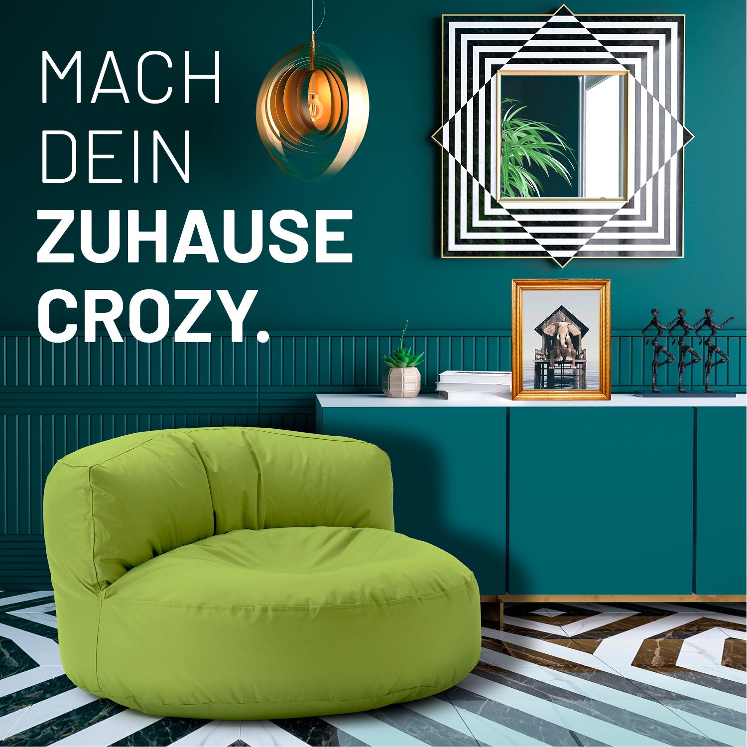 Sitzsack Lounge (320 L) Grün, modern und gemütlich, indoor & outdoor, leicht, pflegeleicht mit hochwertiger EPS-Füllung und verstecktem Reißverschluss.