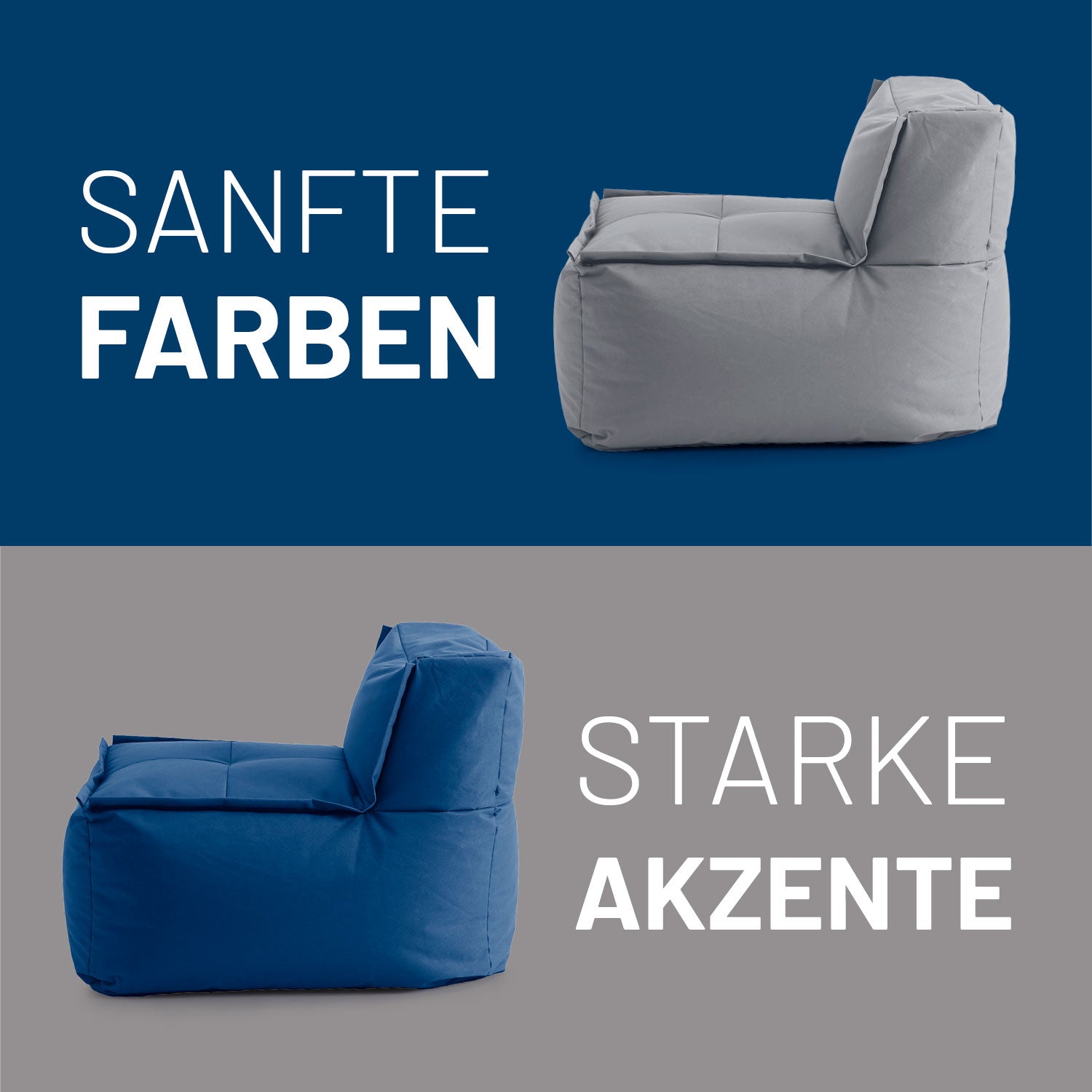 Sitzsack-Sofa Mittelstück (200 L) grau und blau in modularem System, indoor & outdoor, mit widerstandsfähigen Nähten und ergonomischem Design.