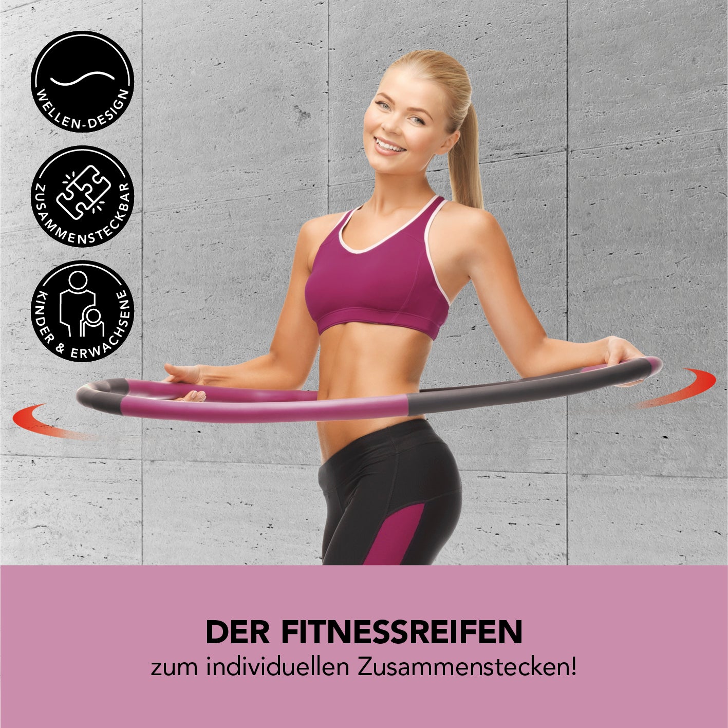 Hula Hoop Reifen verstellbar - 100 cm - lila mit 6 Elementen, Wellen-Design und Massagebällen für Anfänger und Profis.