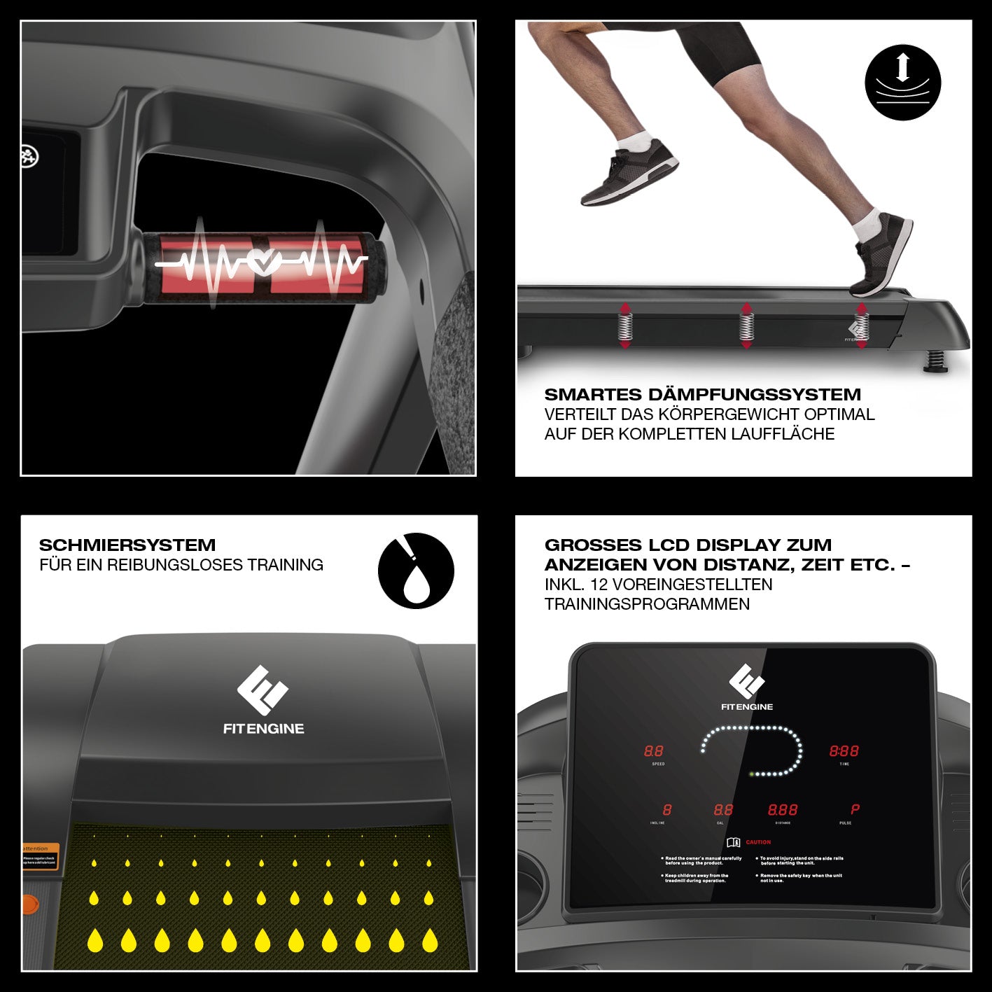Laufband RACE18 mit smartem Dämpfungssystem, großem LCD-Display, Schmierfunktion und hochwertiger Verarbeitung für effektives Training.