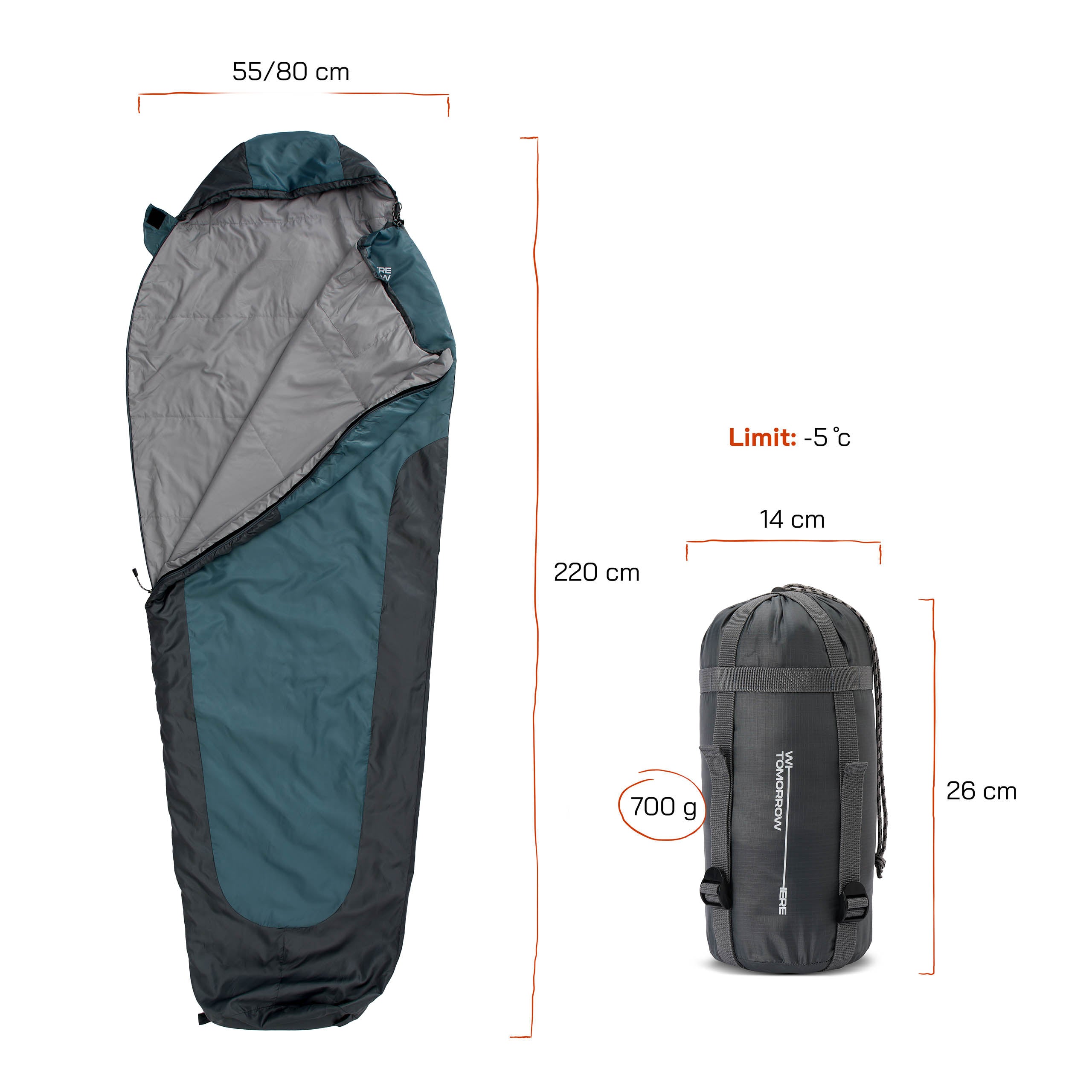 Camping Schlafsack Small & Light - Mumienschlafsack mit Tasche in Goblinblau-Grau, 220x80x50 cm, wasserabweisend, bis -5 °C, 700 g.