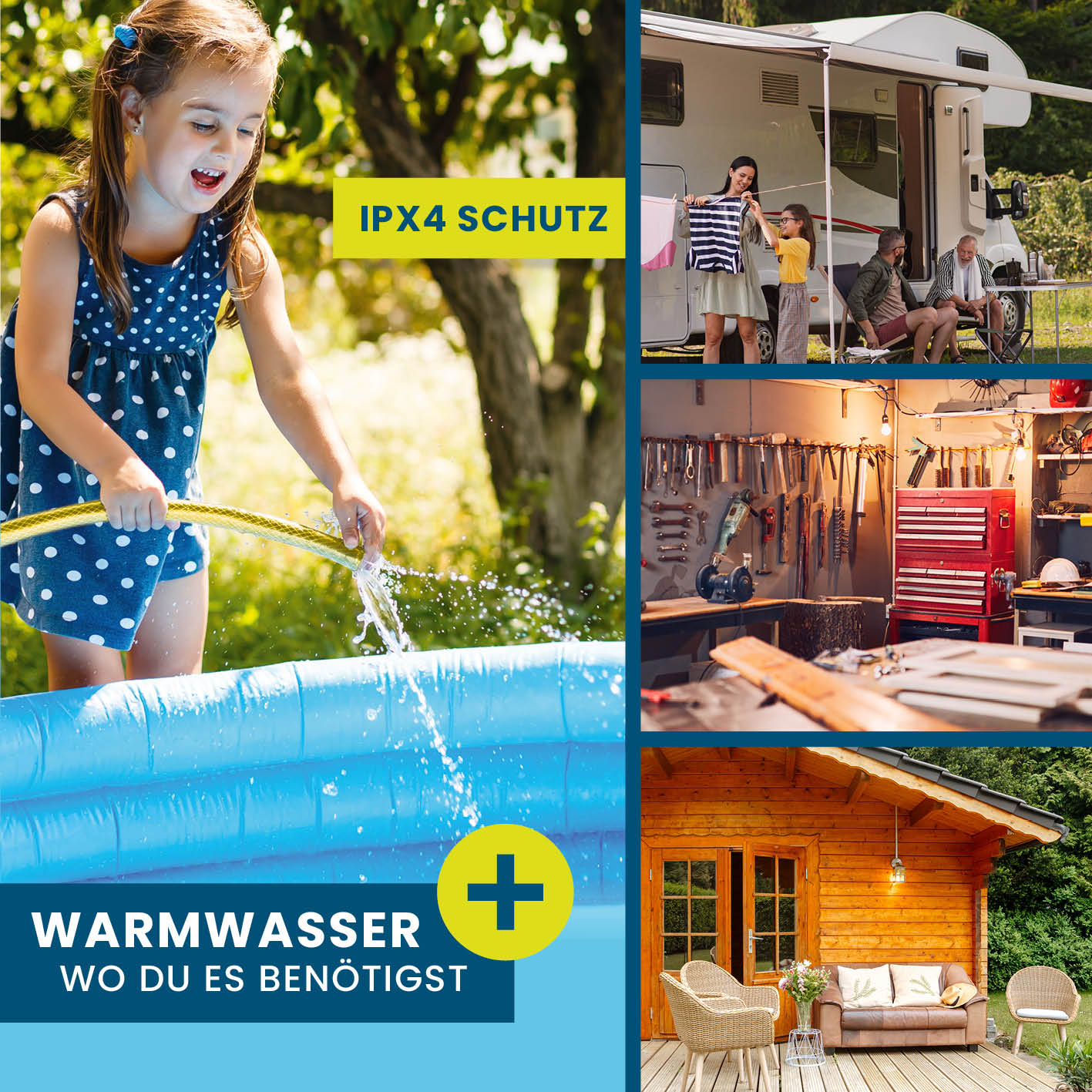 Universal-Durchlauferhitzer von HOBERG mit IPX4 Schutz, ideal für warmes Wasser im Außenbereich, Camping und Werkstatt.