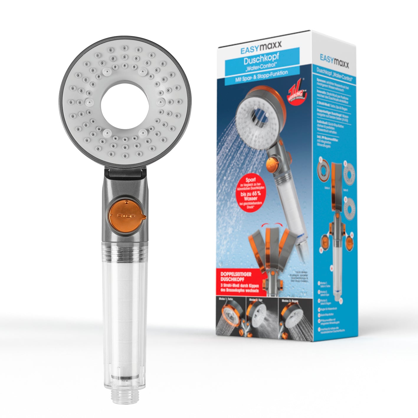 Duschkopf „Water-Control“ mit Sparfunktion, Stopp-Knopf, 3 Strahl-Modi und doppelseitiger Wasserausgabe, ergonomisches Design.