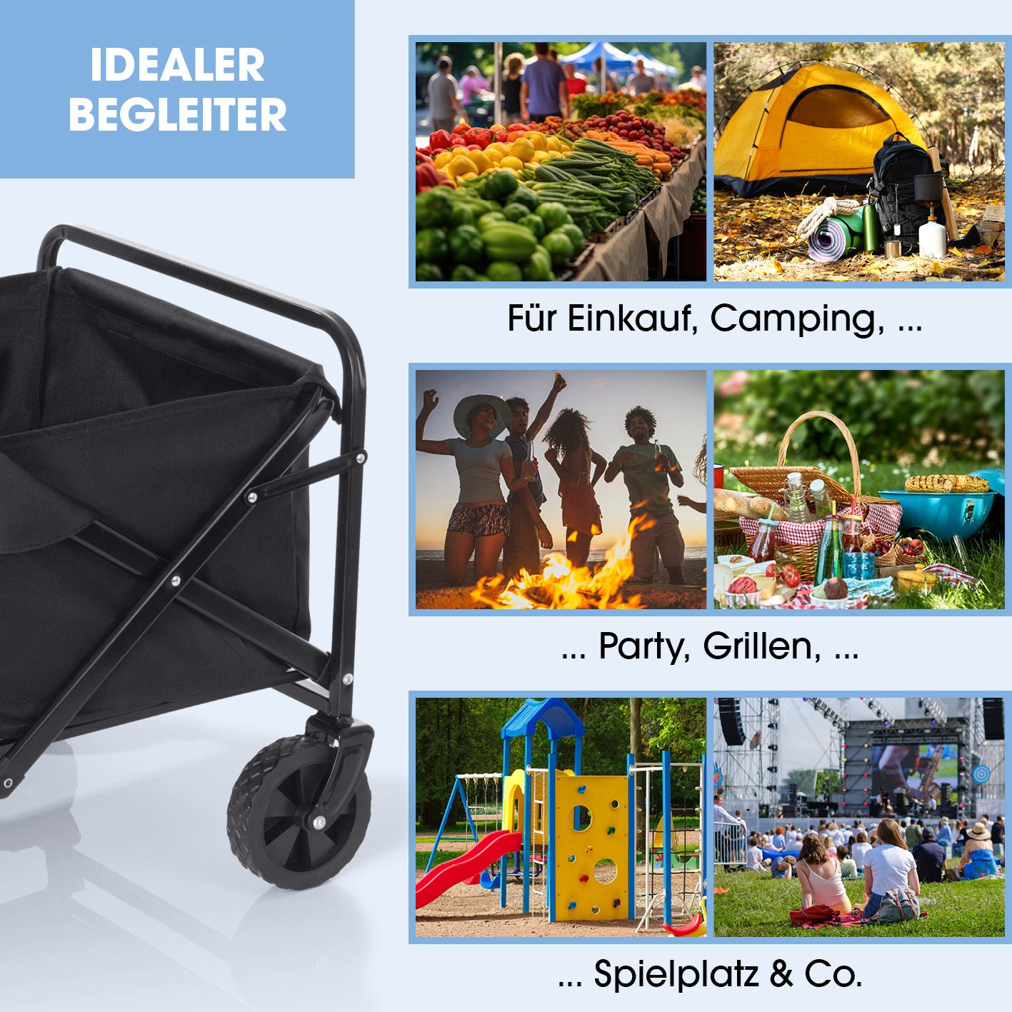 Bollerwagen mit kleinen Rädern - faltbar, stabiler Stahlrahmen, witterungsbeständig, 360° drehbare Vorderräder, bis 80 kg Tragfähigkeit.