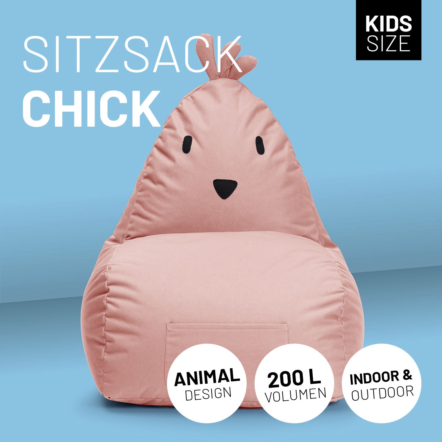 Kindersitzsack Animal Line Chick (200 L) Pastell Pink, weich, wasserabweisend, indoor & outdoor, robust und kuschelig für Kinder.