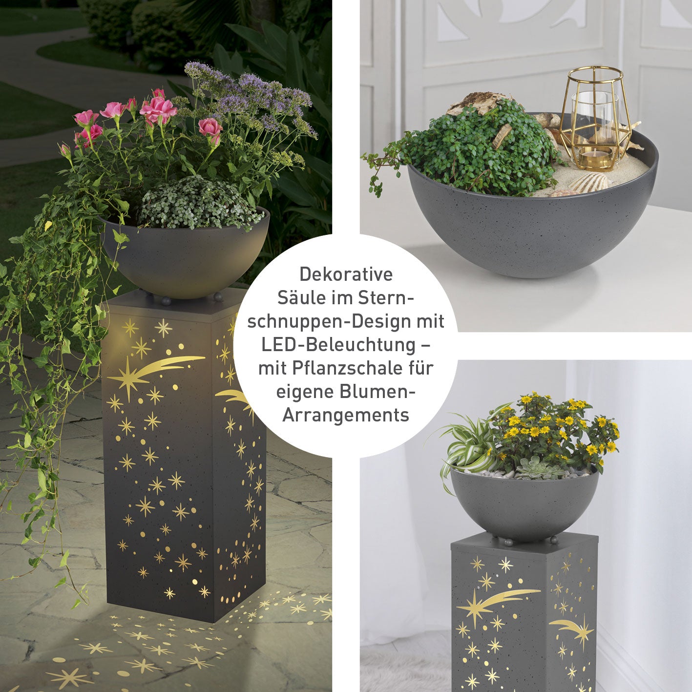 LED-Dekosäule Beton-Optik "Sternschnuppe" mit Pflanzschale - 59 cm