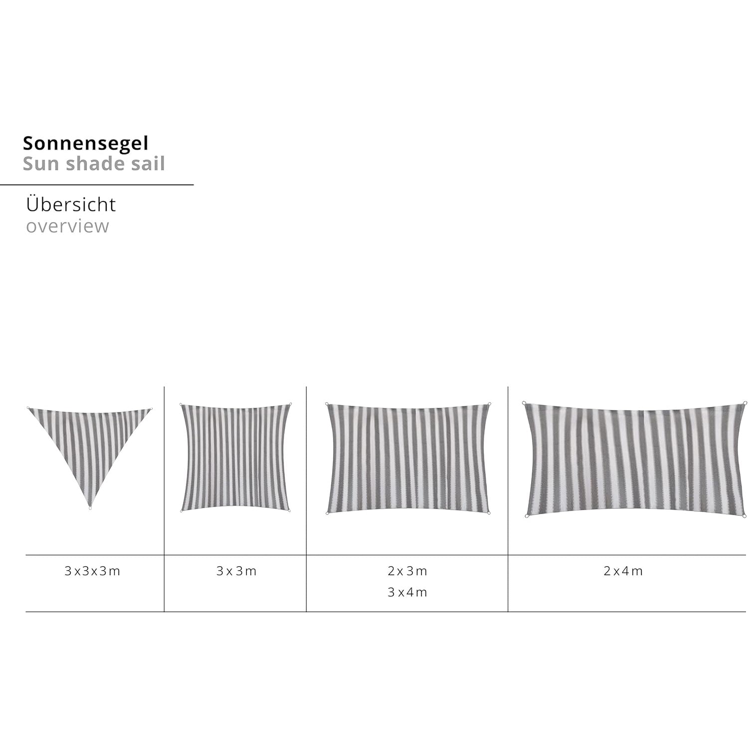Sonnensegel 100% HDPE mit Stabilisator für UV-Schutz - Rechteck 2 x 3 Meter - Grau/Weiß, langlebig und reißfest mit Befestigungsseilen.
