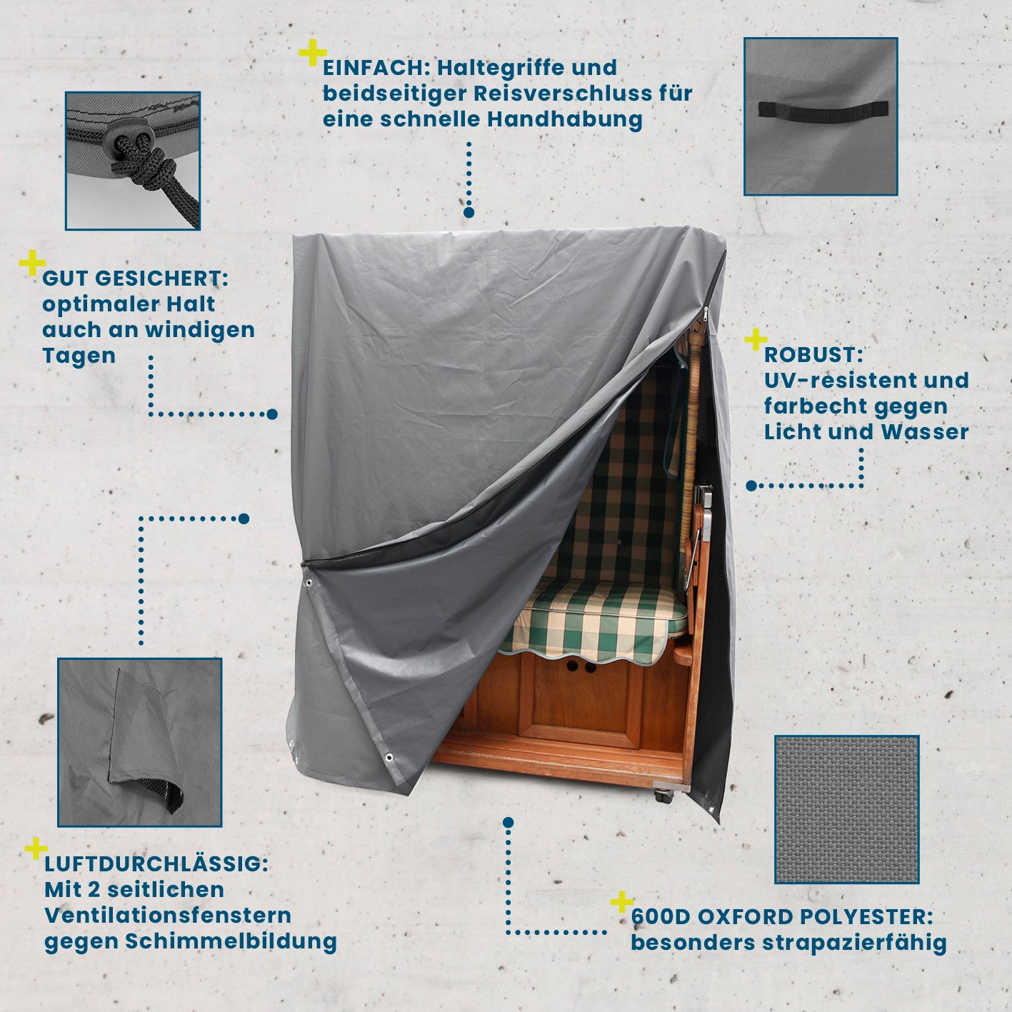 Strandkorb Schutzhülle L/XL grau, robustes 600D Polyester, wasserfest, UV-beständig, mit Ventilationsfenstern und Reißverschluss für leichten Schutz.